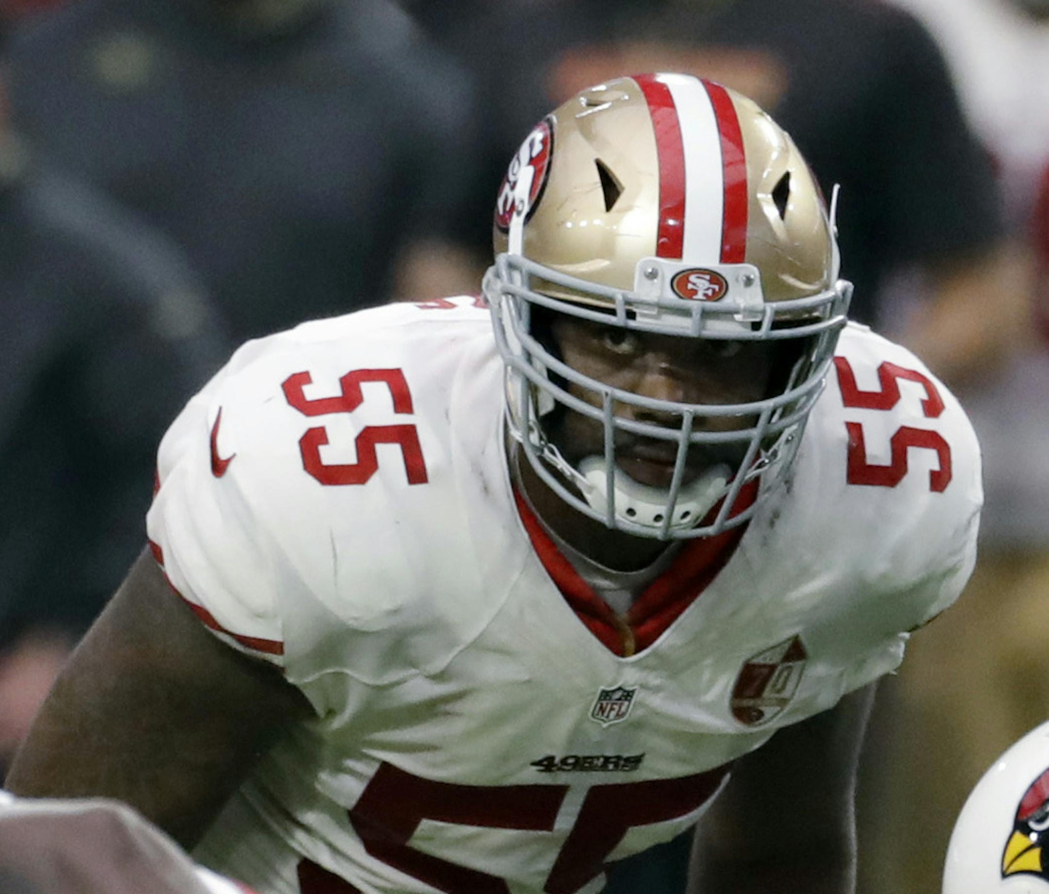 FILE - In this Nov. 13, 2016, file photo, San Francisco 49ers outside linebacker Ahmad Brooks (55) prepares for a play during the team's NFL football game against the Arizona Cardinals in Glendale, Ariz. A person familiar with the discussions says that the Green Bay Packers and free agent linebacker Brooks have agreed to a one-year deal. Brooks was in Green Bay, Wis., on Tuesday, Aug. 30, to visit to the Packers, who need to add depth at outside linebacker behind starters Clay Matthews and Nick