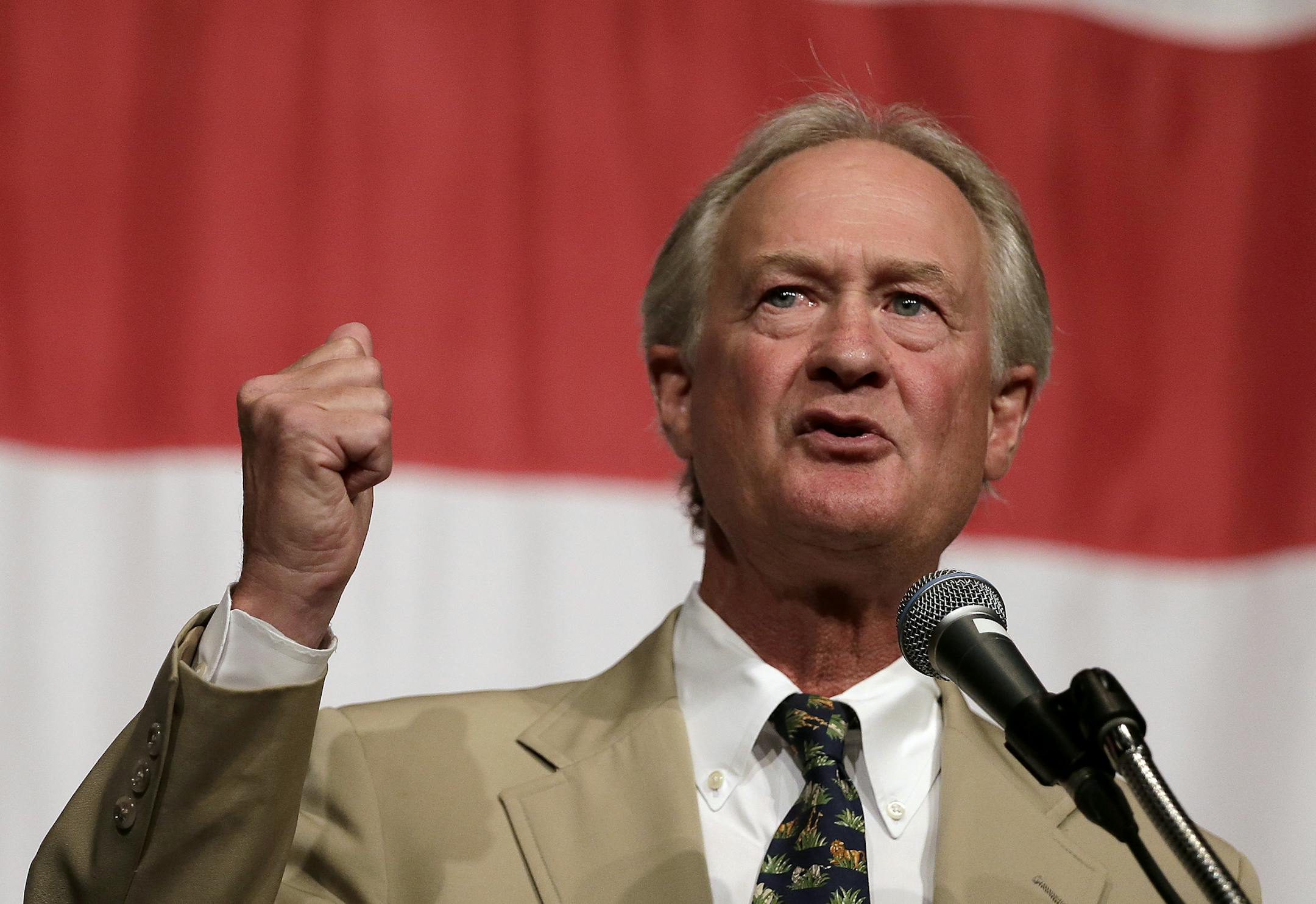 Democratic presidential candidate, former Rhode Island Gov. Lincoln Chafee, speaks at the Iowa Democratic Wing Ding at the Surf Ballroom Friday, Aug. 14, 2015, in Clear Lake, Iowa. (AP Photo/Charlie Riedel) ORG XMIT: IACR502