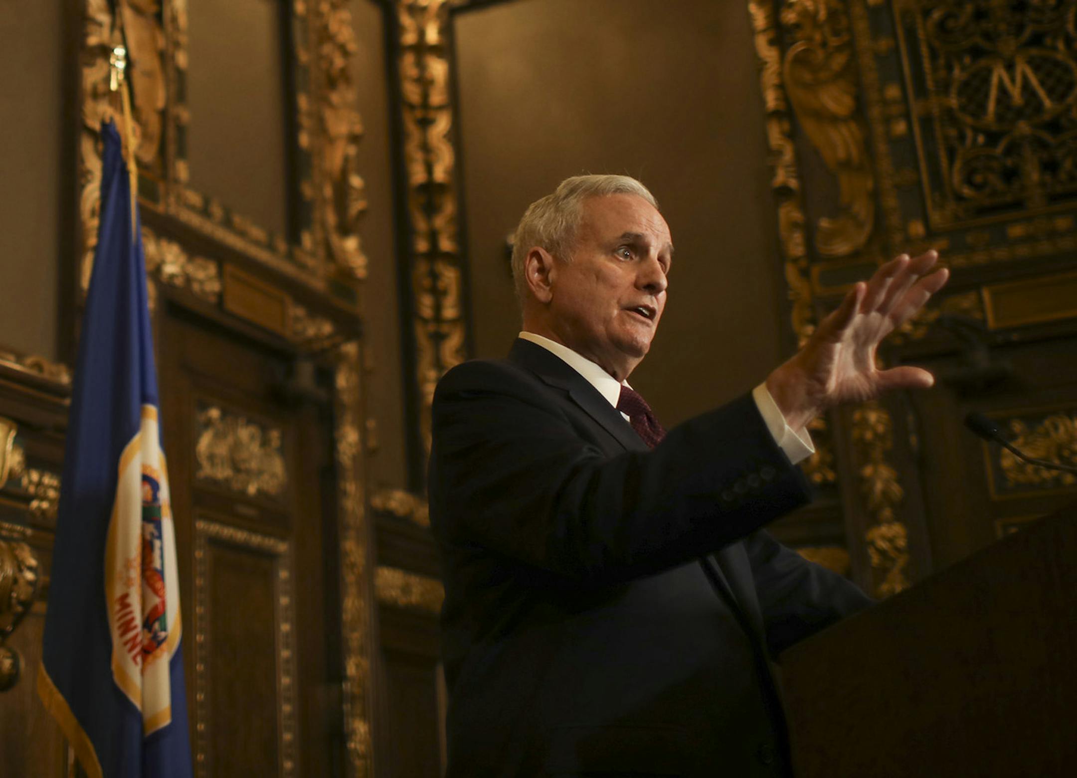 Gov. Mark Dayton at his news conference early Tuesday evening. ] JEFF WHEELER ï jeff.wheeler@startribune.com Gov. Mark Dayton held a news conference Tuesday evening, May 30, 2017 at the State Capitol to explain his decision to sign the budget bills passed by the Republican controlled legislature, but cut out funding for the House and the Senate with his line-item veto power. ORG XMIT: MIN1705301916250711 ORG XMIT: MIN1705311340505090
