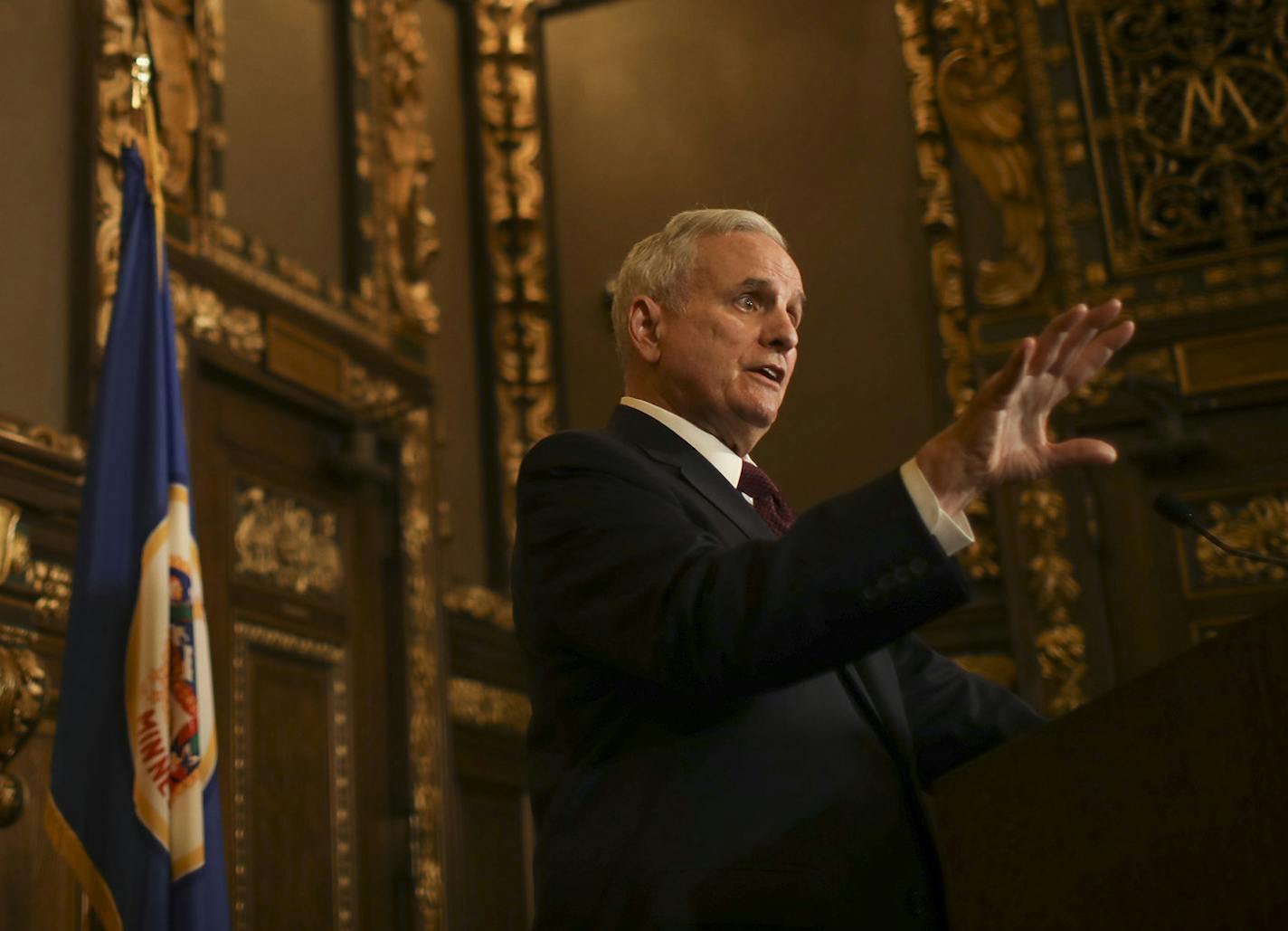 Gov. Mark Dayton at his news conference early Tuesday evening. ] JEFF WHEELER &#xef; jeff.wheeler@startribune.com Gov. Mark Dayton held a news conference Tuesday evening, May 30, 2017 at the State Capitol to explain his decision to sign the budget bills passed by the Republican controlled legislature, but cut out funding for the House and the Senate with his line-item veto power. ORG XMIT: MIN1705301916250711 ORG XMIT: MIN1705311340505090