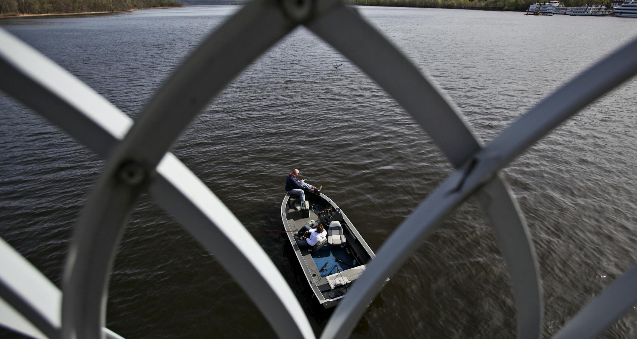 Seen from the Stillwater lift bridge, anglers ply the waters of the St. Croix River in Stillwater, MN, Wednesday, April 4, 2012.] Mussels in the St. Croix River.