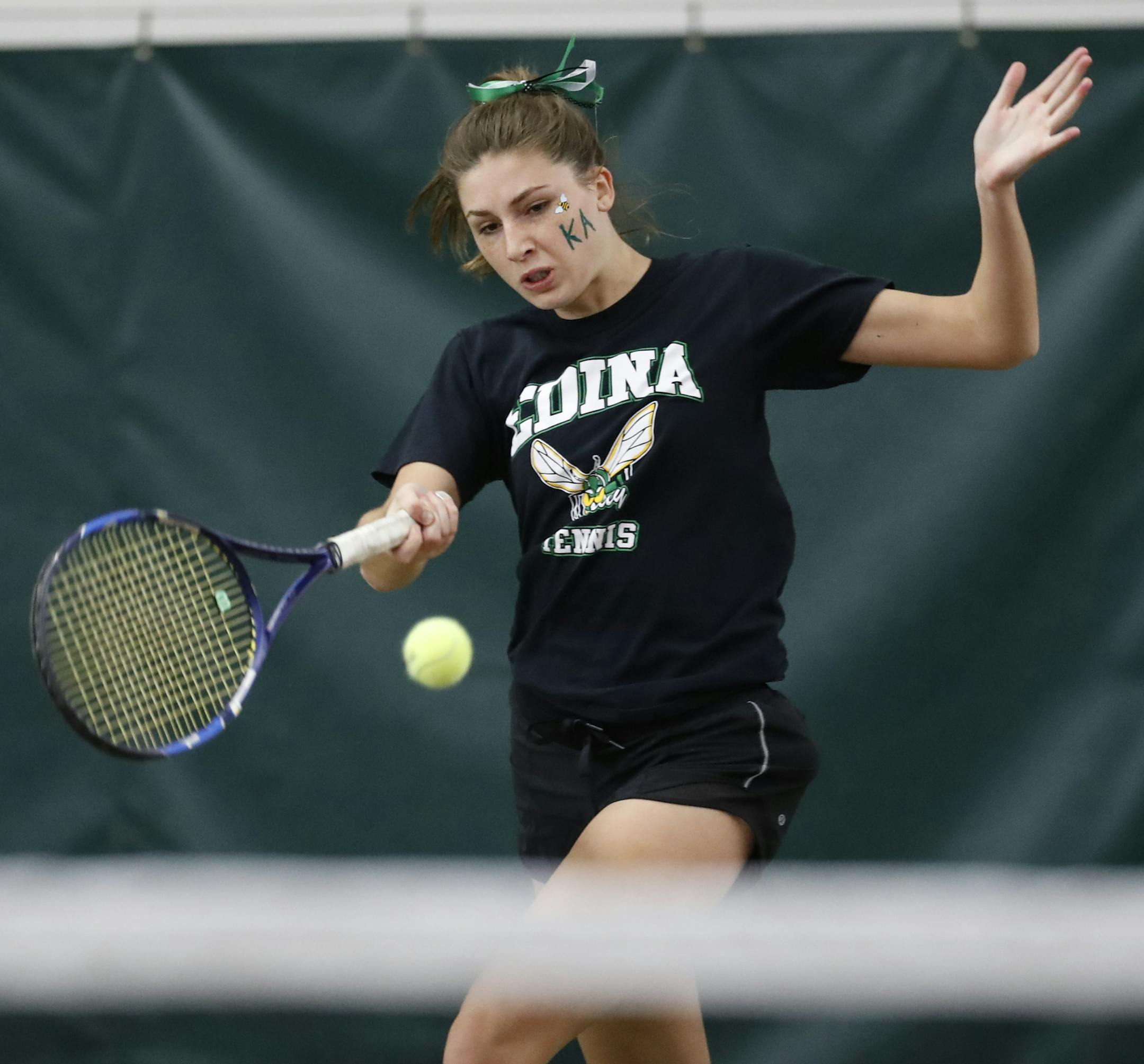 Edina's Margaux Boyer hit the ball during a match against Kate Inderieden the 2A team tennis girls championship between Edina and St. Cloud Tech at the Baseline Tennis Center at the University of Minnesota on Wednesday, October 25, 2017, in Minneapolis, Minn. ] RENEE JONES SCHNEIDER &#x2022; renee.jones@startribune.com
