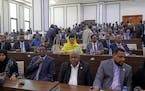 Somali members of parliament listened to President Hassan Sheikh Mohamud at parliament buildings in Mogadishu, Somalia, Wednesday, Feb 21, 2024. Somal