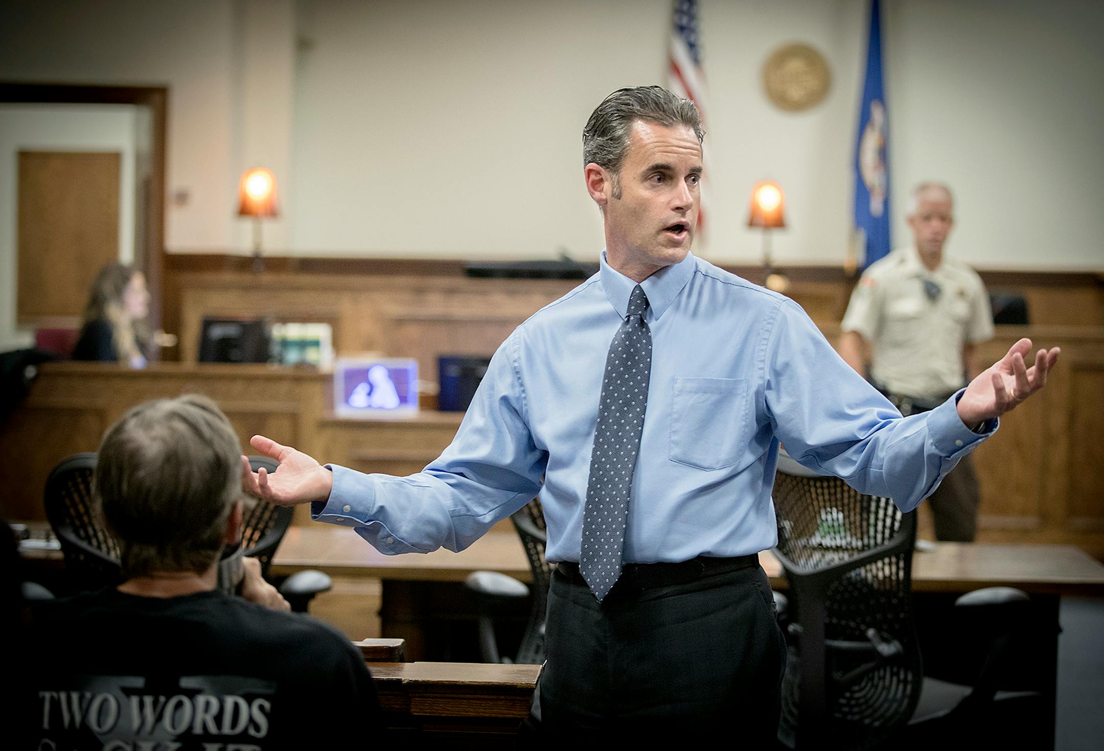 Duluth Judge Shaun Floerke spoke to those serving in his DWI court, Friday, August 11, 2017 in Duluth, MN. Floerke prefers taking a more casual approach by taking off his robe and getting off the bench. Duluth's DWI court has gained national recognition for its success, aiming to form an alliance with defendants trying to get sober.