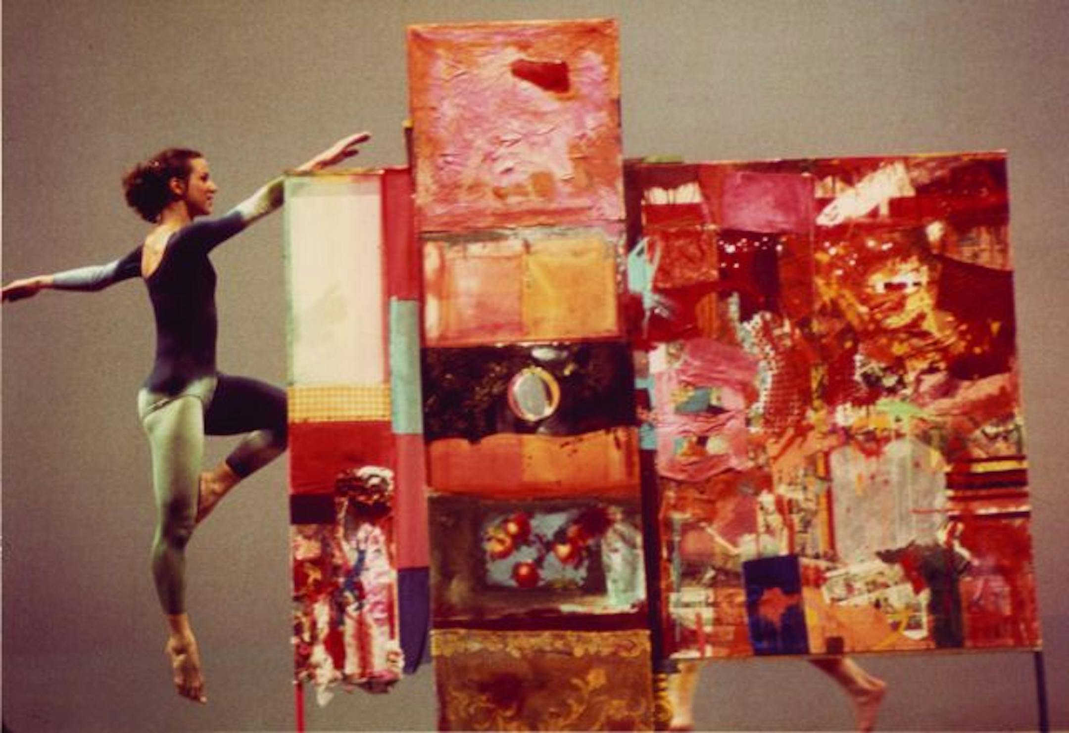 "Minutiae" (1954) A Merce Cunningham dancer performing "Minutiae" against the backdrop of Rauschenberg's work of the same name, one of the earliest and largest freestanding combines he created.