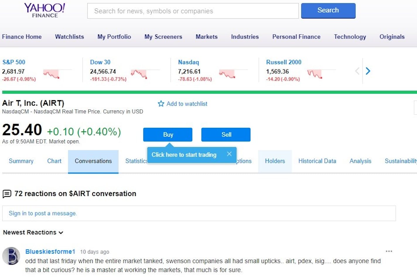 Air T's page on Yahoo Finance shows that Blueskiesforme1 is a frequent critic of the company.