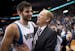 Minnesota Timberwolves guard Ricky Rubio (9) celebrates with team owner Glen Taylor after Minnesota's defeat of the Memphis Grizzlies on Friday night.