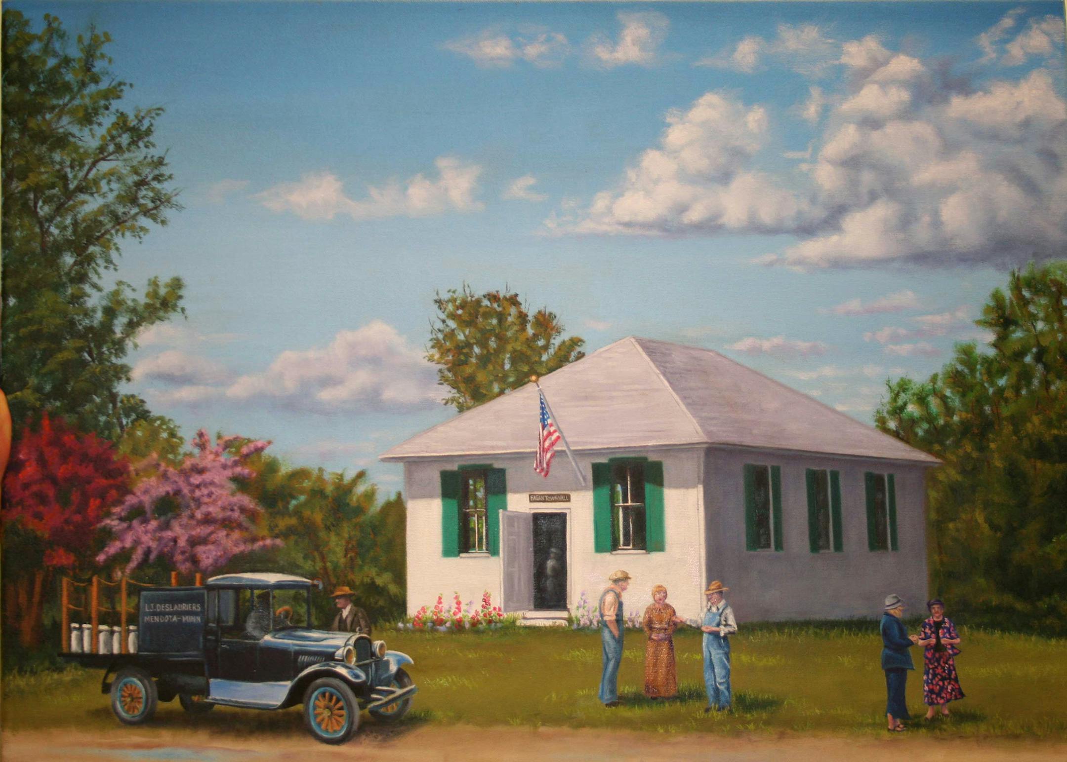 In honor of the 100th Year of Eagan's1914 Town Hall, local artist Larry Landis has painted a commemorative oil painting entitled "Old Eagan Town Hall." He has donated the original to the Eagan Historical Society. Credit city of Eagan