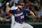 Minnesota Twins' Dillon Gee throws against the Chicago White Sox during the second inning of game two of a baseball doubleheader, Monday, Aug. 21, 201