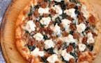 Spicy Sausage, Spinach and Ricotta Pizza.