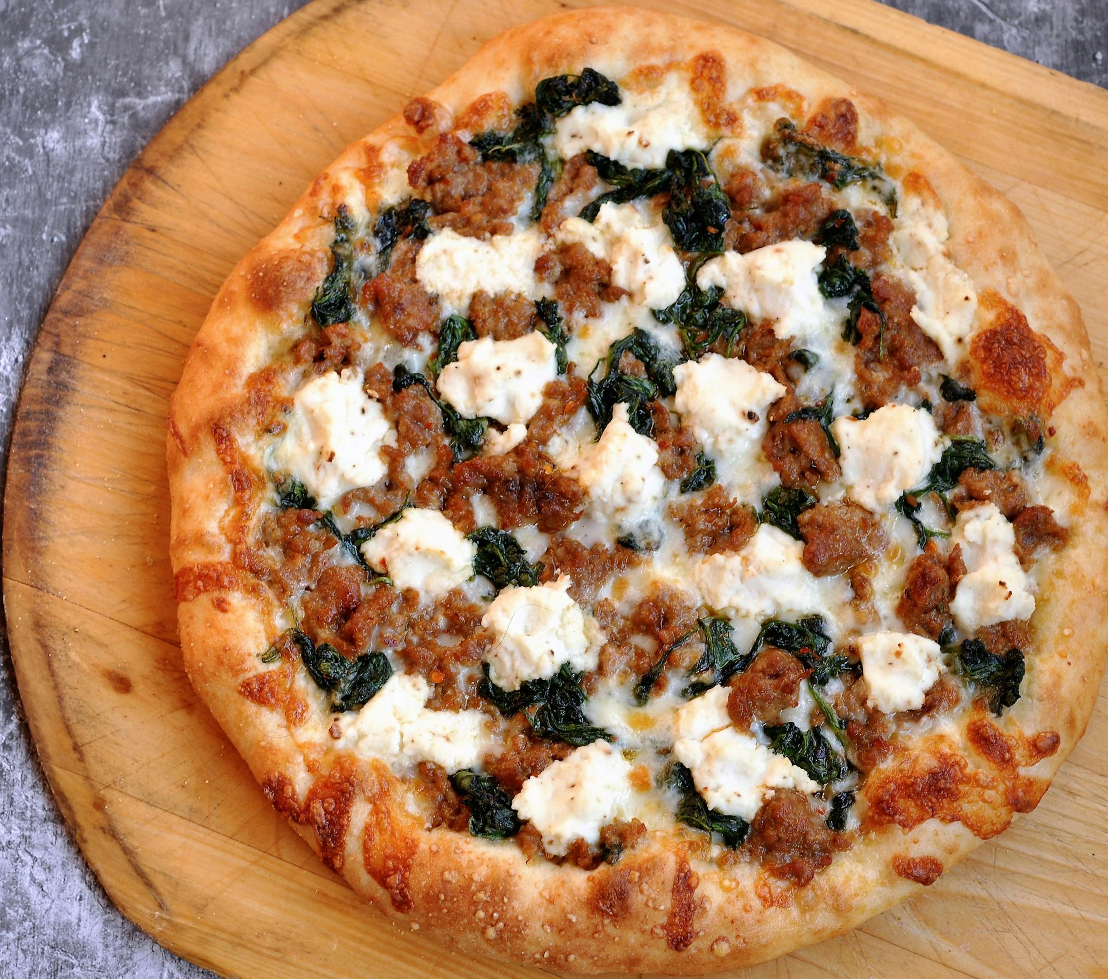 Spicy Sausage, Spinach and Ricotta Pizza.