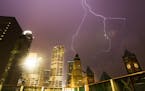 Lightning over downtown Minneapolis during a thunderstorm.