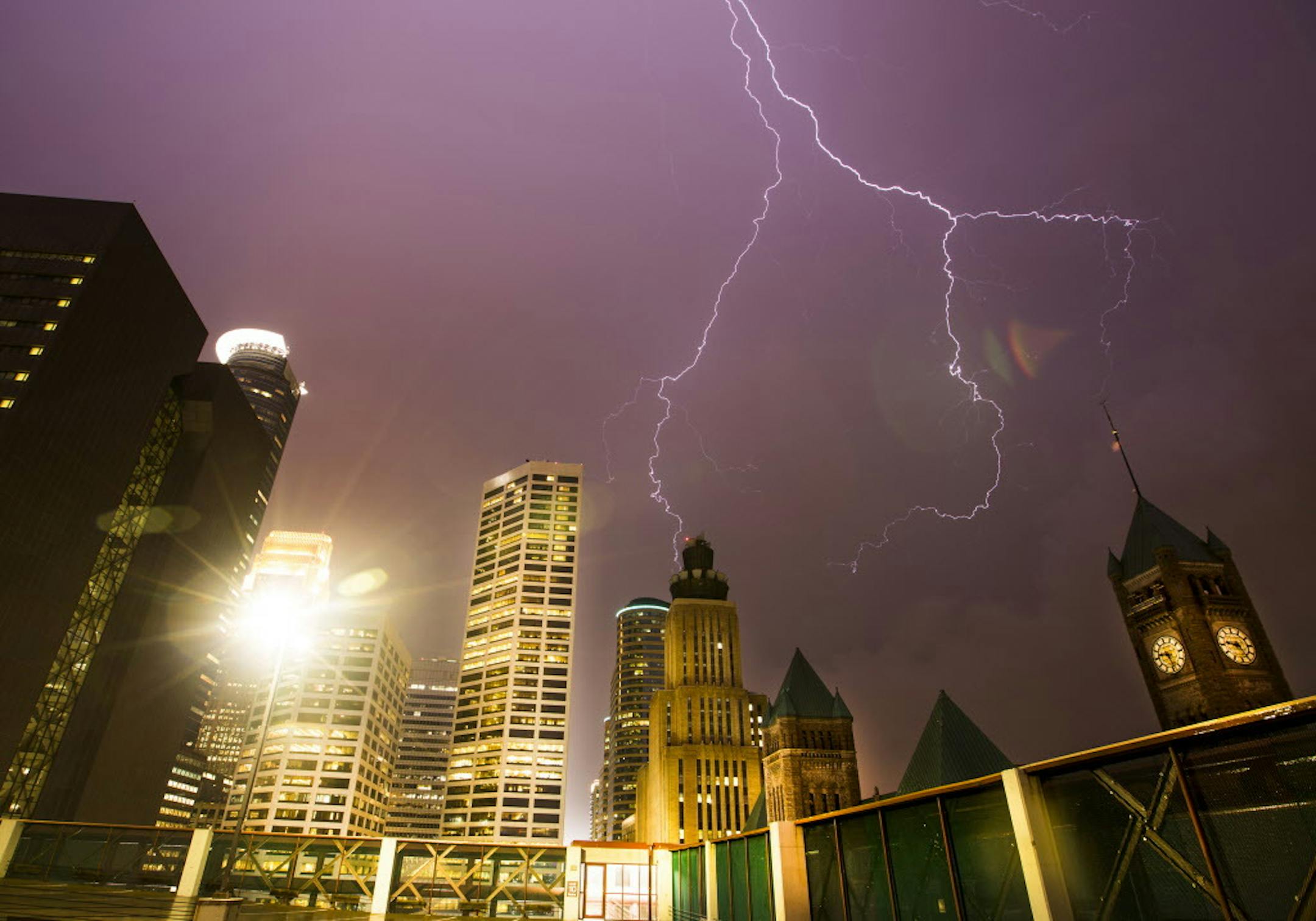 Lightning over downtown Minneapolis during a thunderstorm.