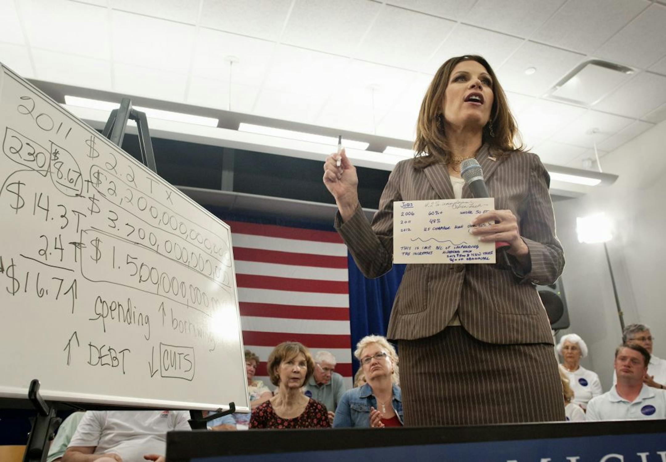 Michele Bachmann, who campaigned Saturday in Marshalltown, Iowa, says "cut, cap and balance" doesn't go far enough.