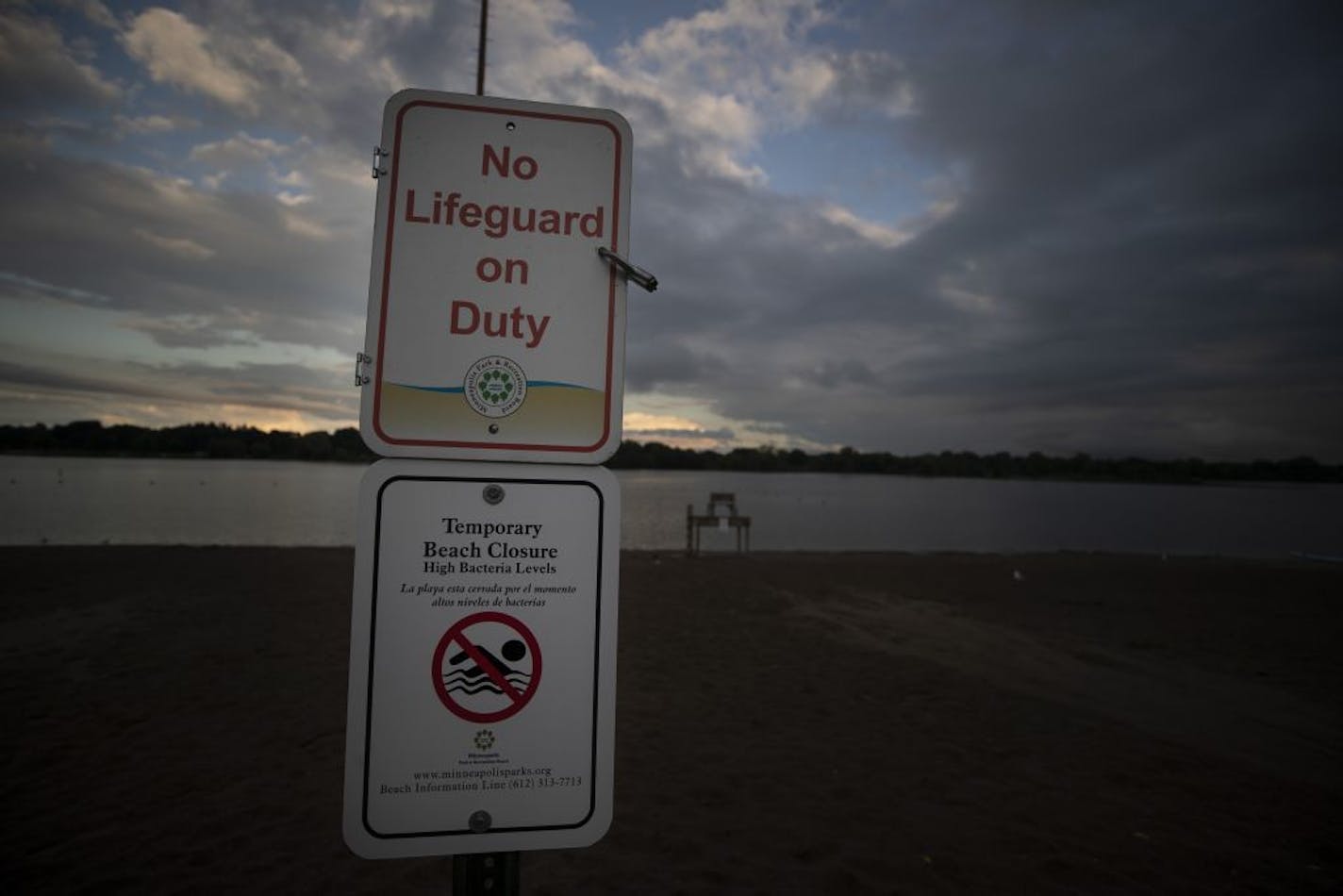 The Lake Nokomis beaches were closed due to high bacteria levels Tuesday in Minneapolis. One official called it a first in her career of roughly 25 years.