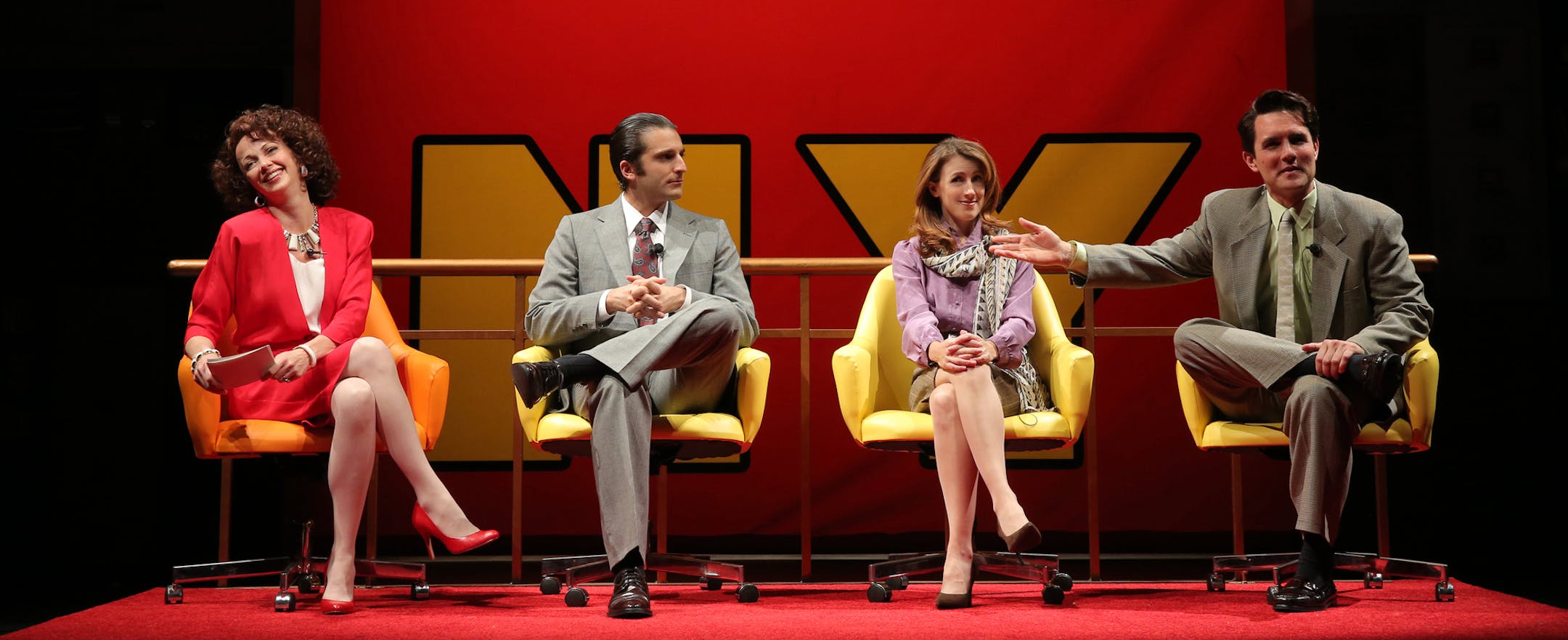 085: Stacia Rice (April), Ben Graney (Scoop Rosenbaum), Kate Wetherhead (Heidi Holland) and Zach Shaffer (Peter Patrone) in The Heidi Chronicles by Wendy Wasserstein. Directed by Leigh Silverman, set and costume design by Clint Ramos, lighting design by Eric Southern, sound design by Bart Fasbender. September 13 - October 26, 2014 on the Wurtele Thrust Stage at the Guthrie Theater, Minneapolis. Photo by Joan Marcus. The Heidi Chronicles September 13 - October 26, 2014 on the Wurtele Thrust Stage