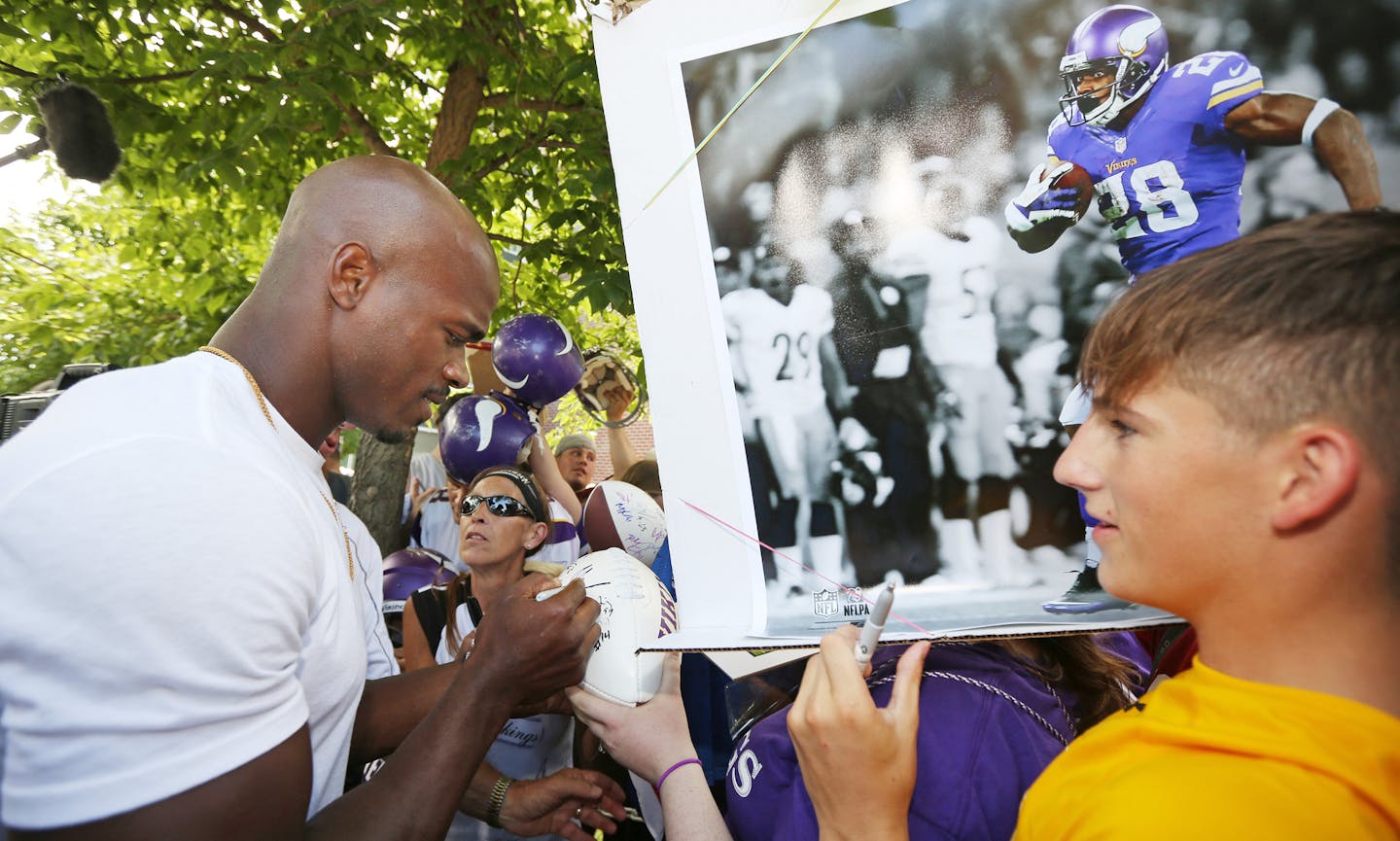 Vikings Adrian Peterson returned to Minnesota State University for Vikings training camp Saturday July 25, 2015 in Mankato, MN.