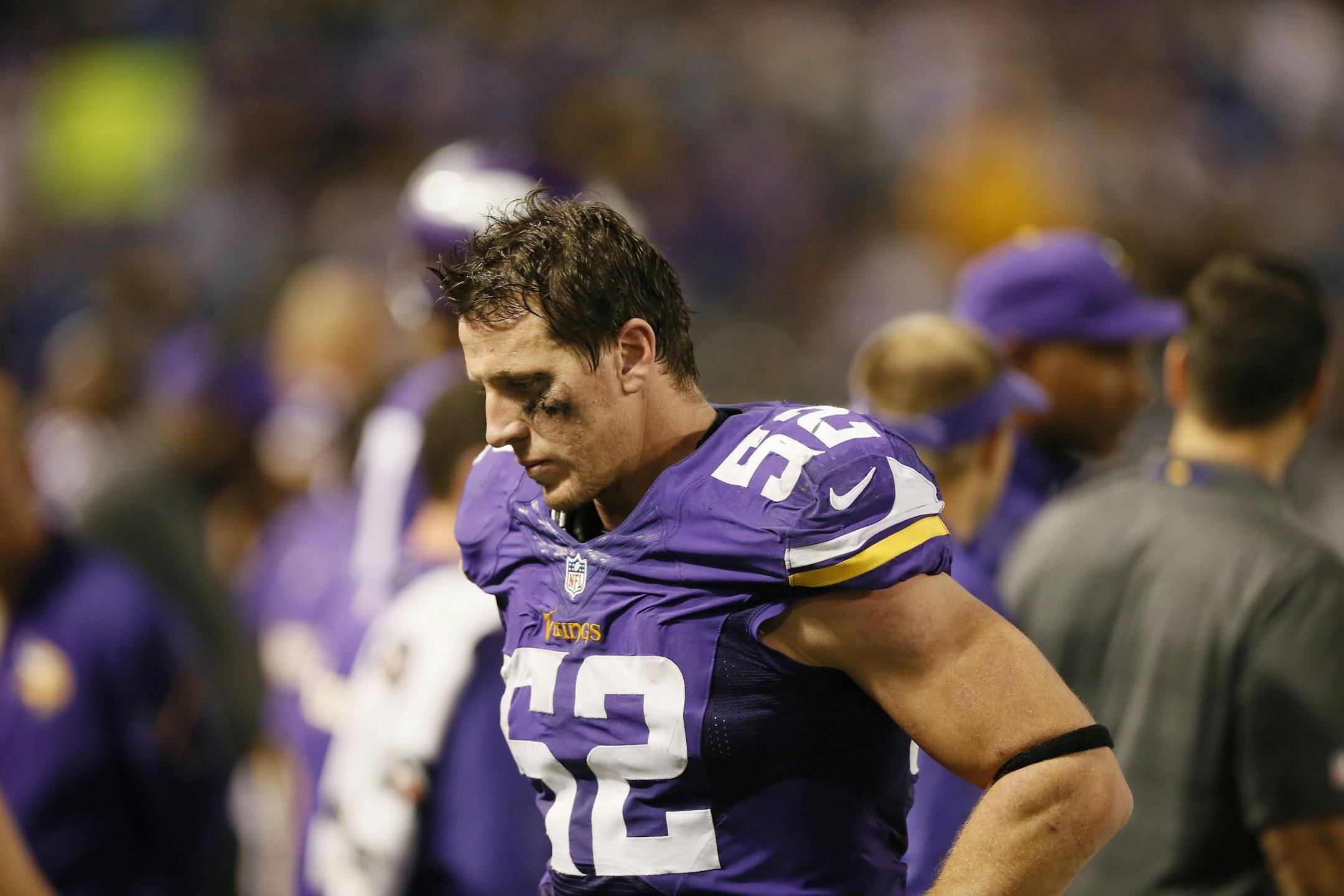 Minnesota Vikings outside linebacker Chad Greenway (52) on the bench late in the fourth quarter during NFL action between the Minnesota Vikings and the Green Bay Packers Sunday October 27, 2013 at Mall of America Field in Minneapolis , MN.