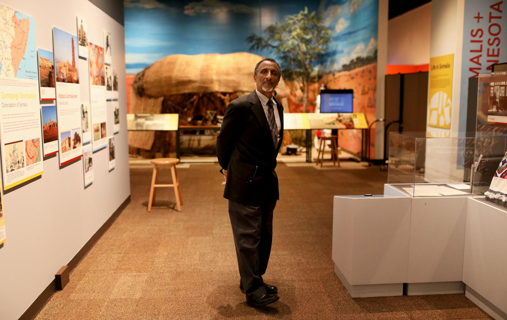 The Minnesota History Center will throw open the doors to "Somalis + Minnesota" on June 23, the first long-term exhibit about the east African nation's culture, heritage and diaspora at the state's premier history museum. Minnesota is home to the largest Somali population in the United States. Here, Osman Ali, founder and Executive Director of The Somali Museum of Minnesota, who helped facilitate the exhibit, at the exhibit at the Minnesota History Center Tuesday, June 19, 2018, in St. Paul, MN.