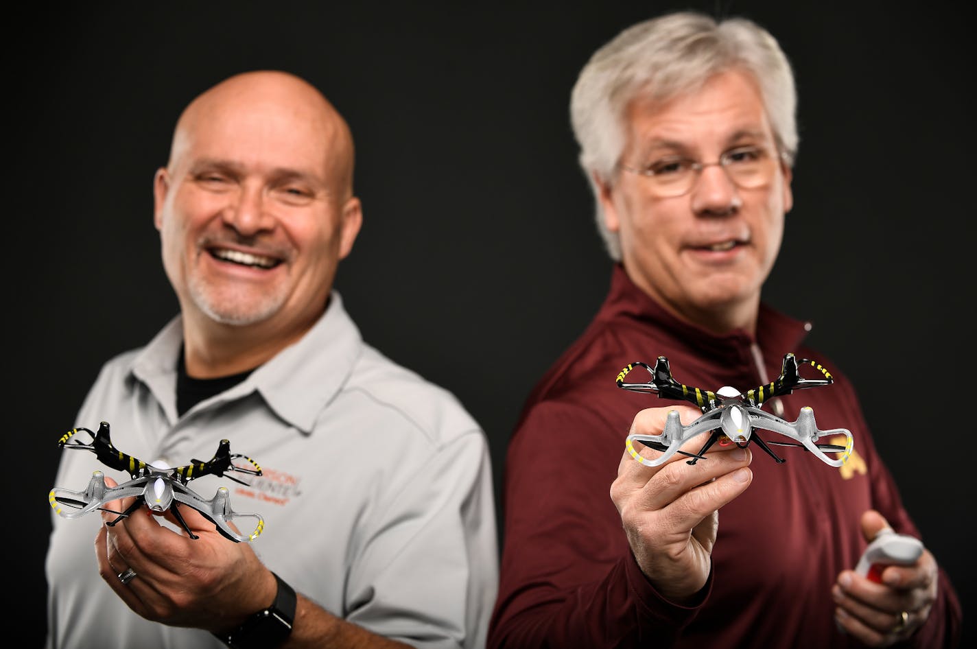 QFO Labs CEO Brad Pedersen, left, and president Jim Fairman stood for a portrait in the Star Tribune studio with one of their company's drones. ] AARON LAVINSKY &#xef; aaron.lavinsky@startribune.com A Minnesota inventor filed his first patent for a flying drone in 2002, almost a decade before the devices became one of the hottest tech toys in the U.S.
Now that inventor and his partners are locked in a battle with a big French company over the rights to their design. The U.S. company is filing an