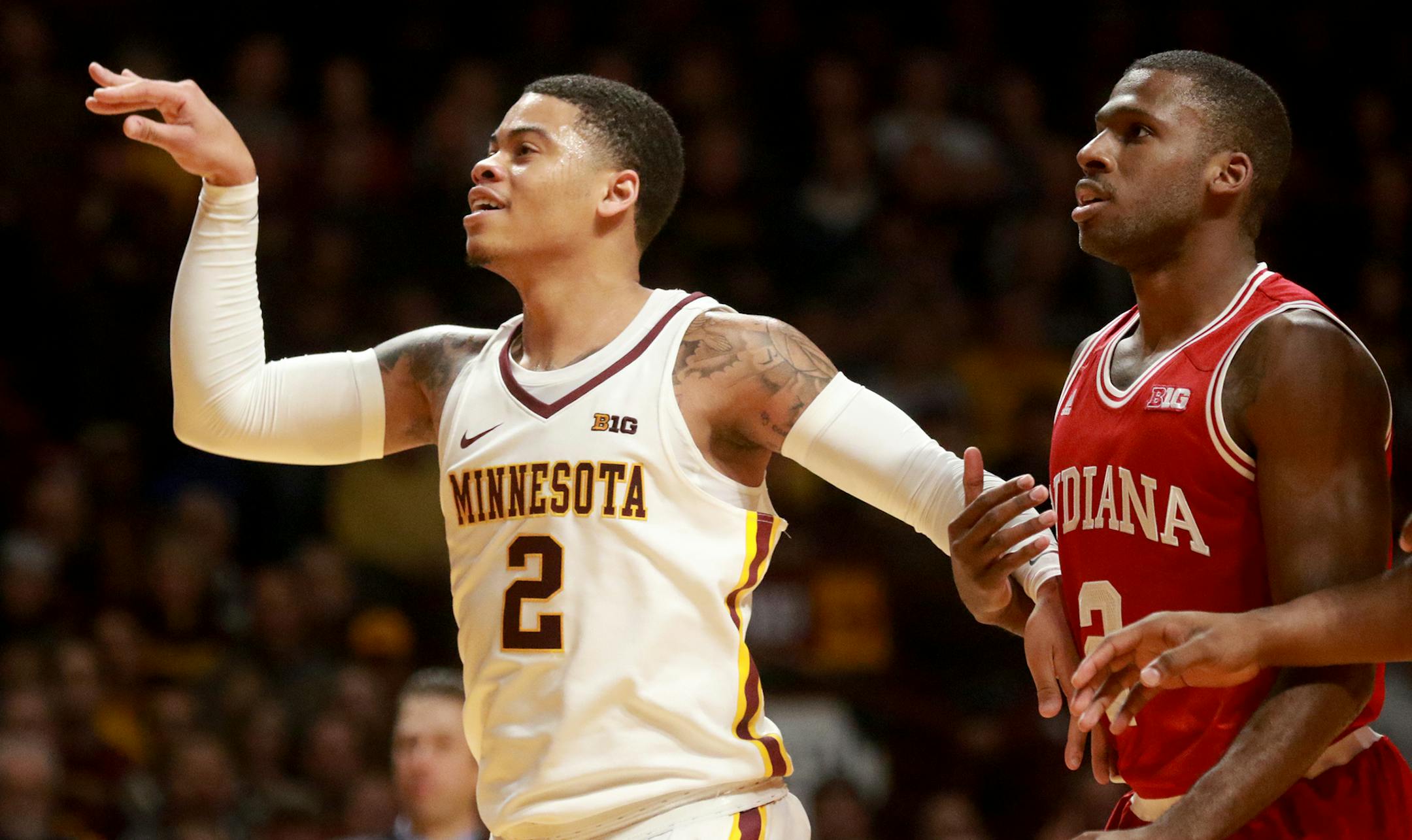 The University of Minnesota's Nate Mason (2) follows through after hitting a three point shot over the University of Indiana's Josh Newkirk (2) during the second half of Indiana's 75-71 win over the Gophers at Williams Arena Saturday, Jan. 6, 2018, in Minneapolis, MN.] DAVID JOLES ï david.joles@startribune.com Game coverage from Indiana at the University of Minnesota at Williams Arena Saturday, Jan. 6, 2018, in Minneapolis, MN.