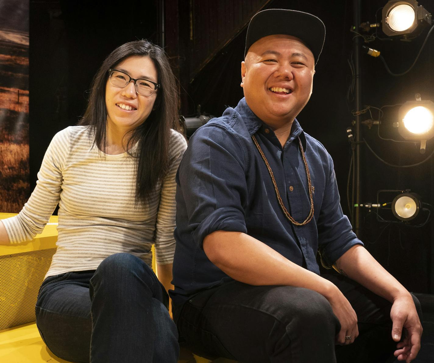 Melissa Li and Kit Yan photographed on stage of their musical "Interstate," at Mixed Blood Theater in Minneapolis, Minn., on Tuesday, February 18, 2020. ] RENEE JONES SCHNEIDER &#x2022; renee.jones@startribune.com