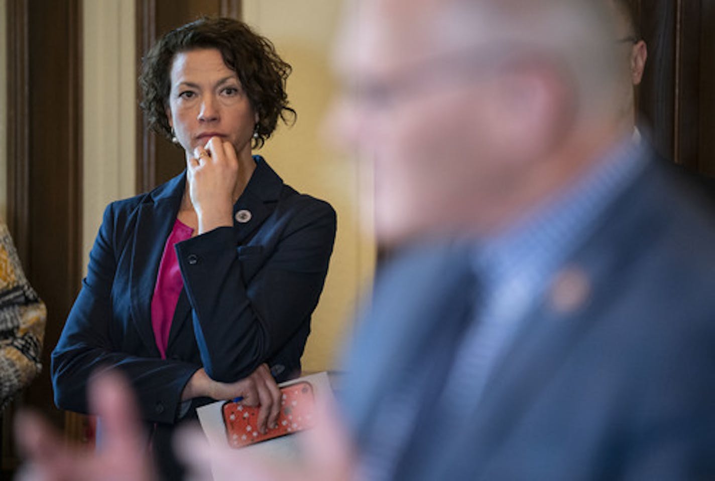 Duluth Mayor Emily Larson listened to Congressman Pete Stauber speak at the press conference discussing the measures the city would be taking to slow the spread of COVID-19. ]
ALEX KORMANN &#x2022; alex.kormann@startribune.com Community leaders in Duluth, MN met at city hall on Monday March 16, 2020 to discuss measures the city would be taking to combat the spread of COVID-19. Speakers included Duluth Mayor Emily Larson, Congressman Pete Stauber and executives from Essentia Health and St. Luke's