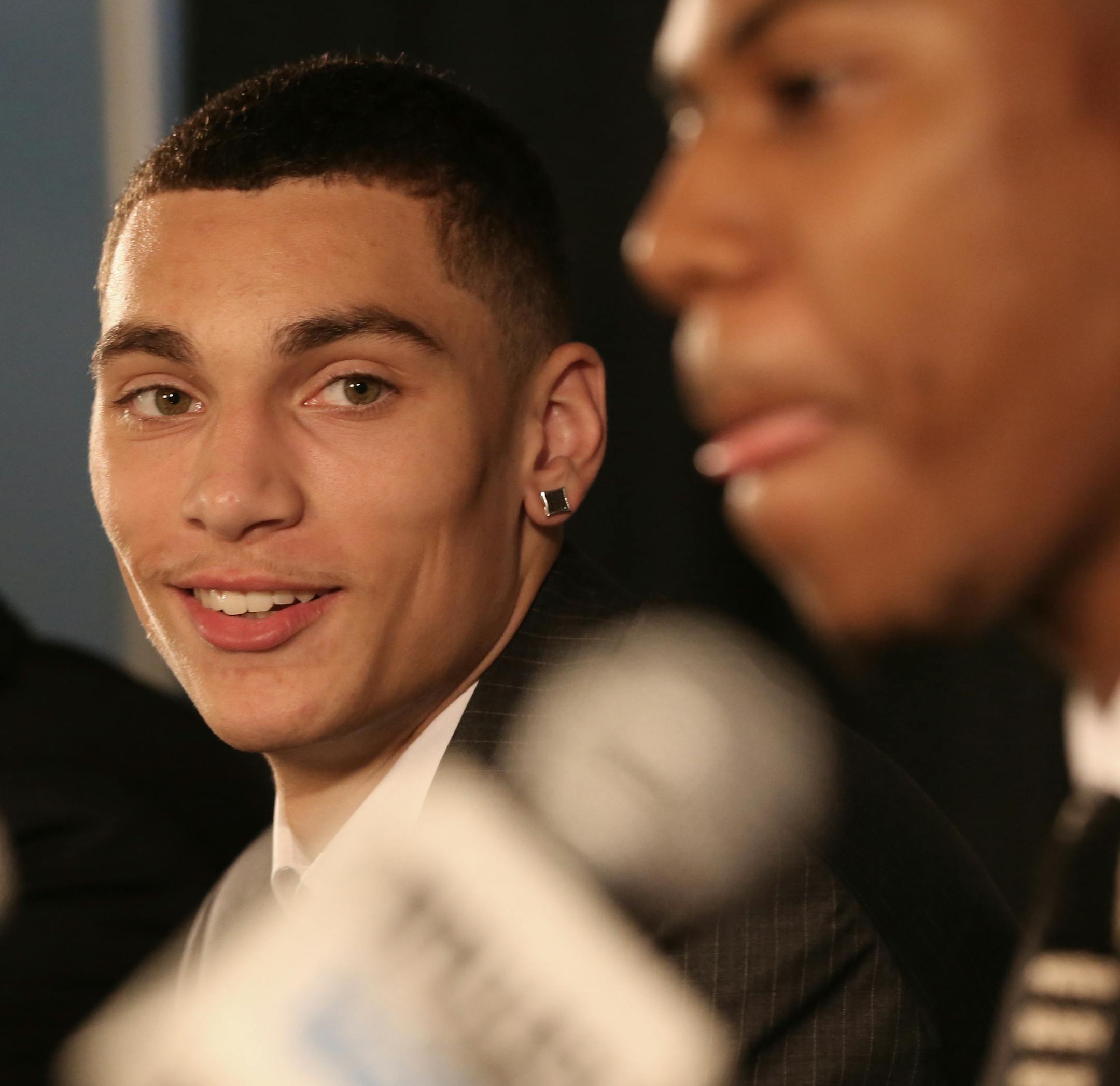(left to right) Milt Newton, Wolves newly-acquired guard Zach LaVine (13th pick in 2014 NBA Draft), forward Glenn Robinson III (40th overall pick) were all smiles as the new players were introduced to the media during a press conference at Target Center on 6/23/14. Milt Newton, Zach LaVine, Glenn Robinson/source.