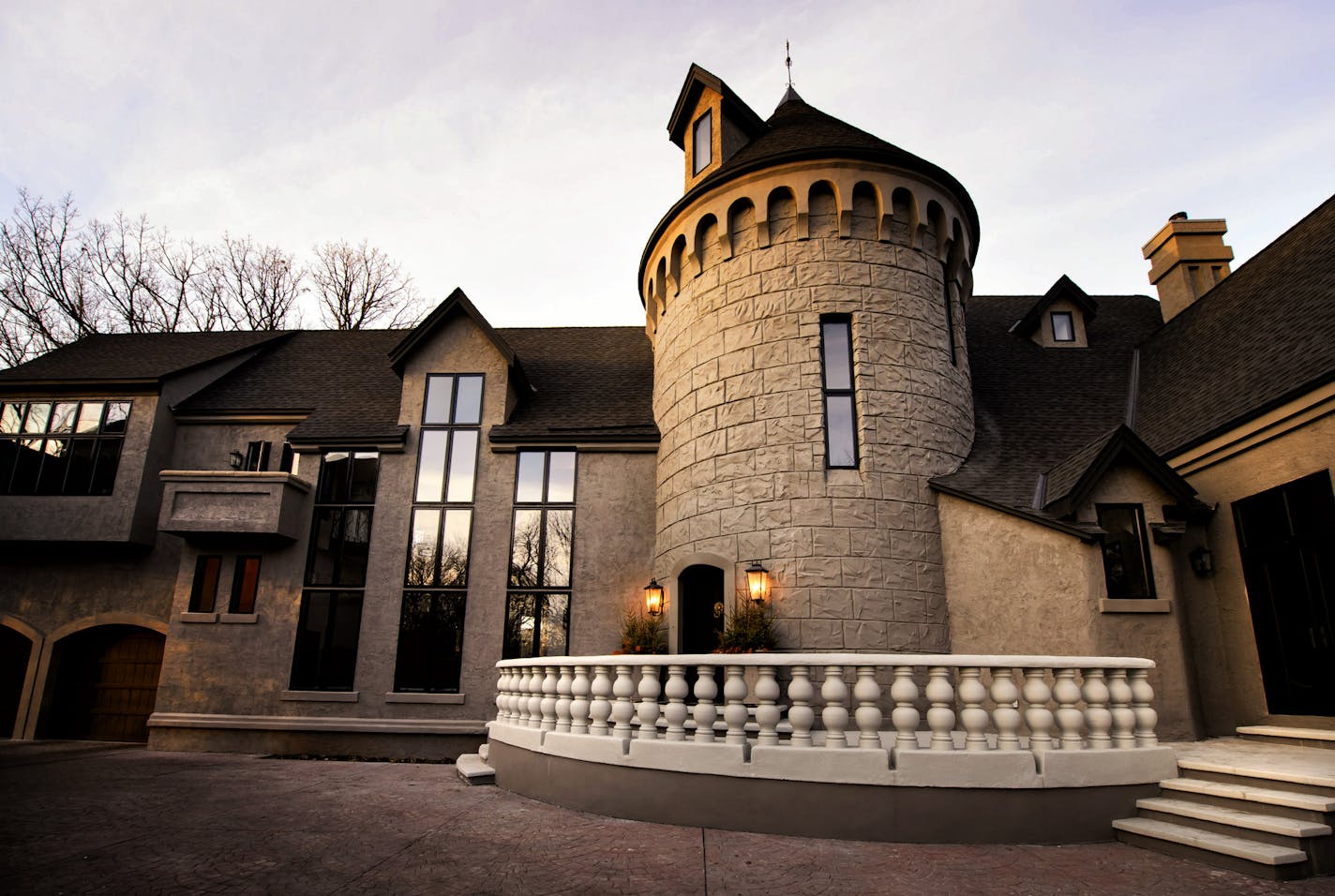 The home and its turreted front entry were inspired by Bavarian castles.