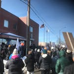 Demonstrators on Hamline Avenue in St. Paul on protested at the St. Paul Police Department on Sunday after officers killed Yia Xiong on Feb. 11. Polic