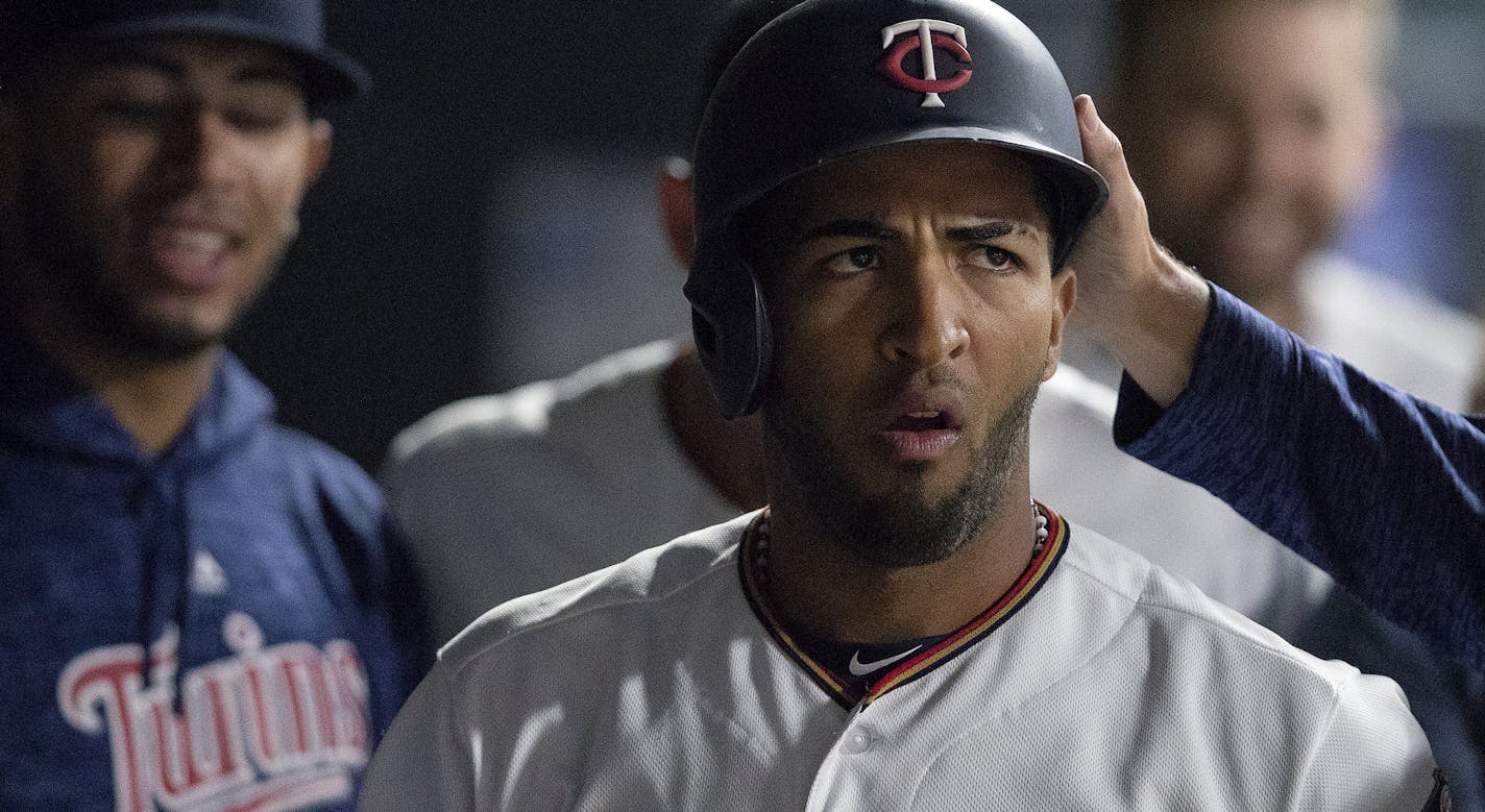 Eddie Rosario was greeted by teammates after scoring in the eighth inning. ] CARLOS GONZALEZ &#xef; cgonzalez@startribune.com &#xf1; May 21, 2018, Minneapolis, MN, Target Field, MLB, Minnesota Twins vs. Detroit Tigers