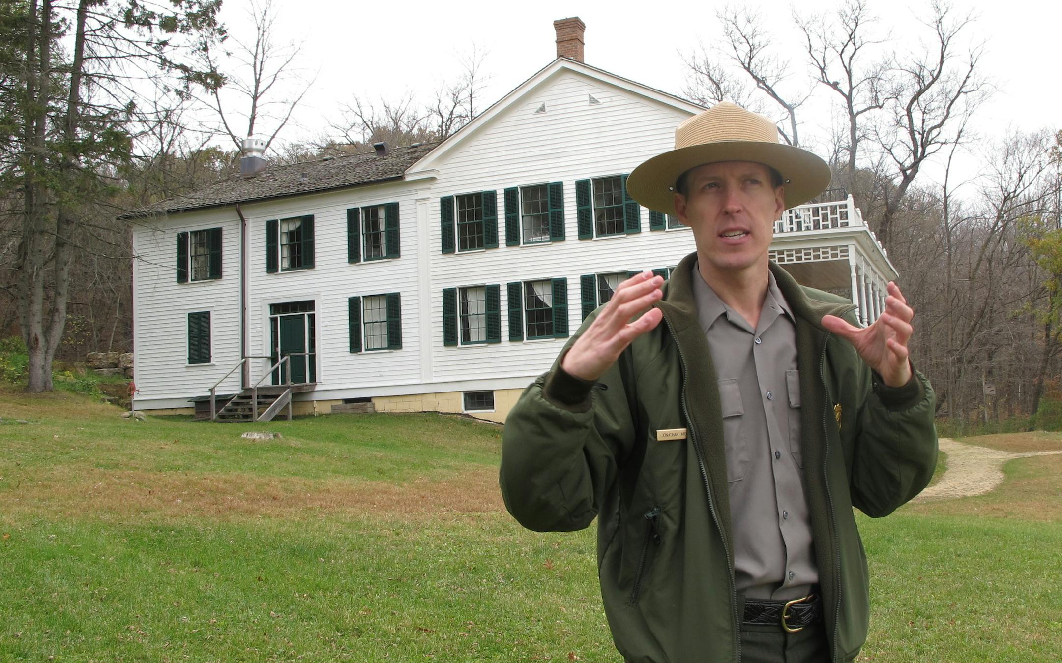Ranger Jonathan Moore, shown in 2011 outside the Greek Revival house at Arcola Mills where he coordinated volunteers at the National Park Service's temporary visitor center. Most of the 13,000 people who came to the visitor center had never seen Arcola Mills, he said last week.