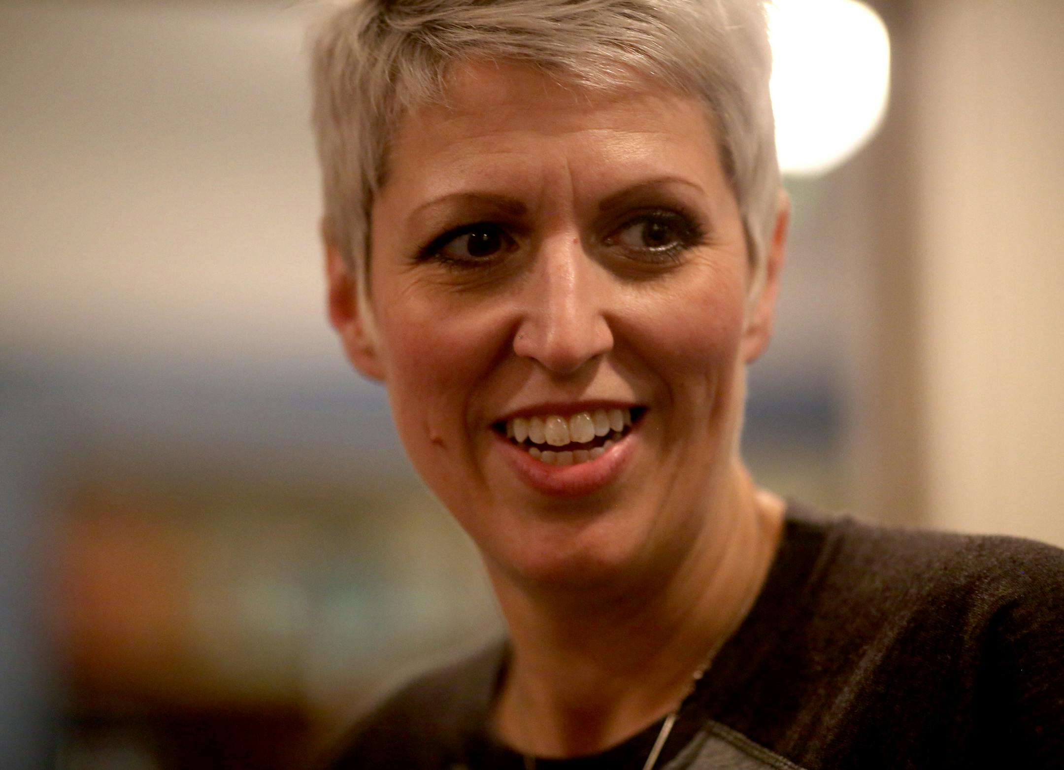 Heather Von St. James chatted with guest that came to celebrate her nine years of survival of mesothelioma. ] (KYNDELL HARKNESS/STAR TRIBUNE) kyndell.harkness@startribune.com At the ninth annual LungLeavin' Day in Roseville, Min., Saturday, February 7, 2015.