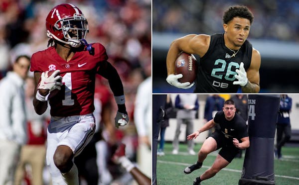 Alabama receiver Jameson Williams (left), Washington cornerback Trent McDuffie (top right), and Purdue defensive end George Karlaftis may have the Vik