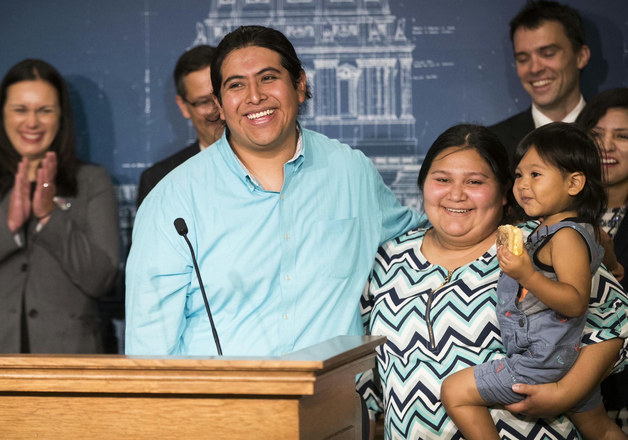Uriel Rosales Tlatenchi, a DACA recipient, introduced his family including his wife Arianna Lopez and two-year-old son Atzel Rosales Lopez, after he spoke about how DACA has improved his life during a "DACA Five Years Later" press conference by NAVIGATE MN and the Minnesota-Dakotas Chapter of the American Immigration Lawyers Association on Tuesday, August 15, 2017 at the Minnesota State Capitol in St. Paul, Minn. ] RENEE JONES SCHNEIDER &#x2022; renee.jones@startribune.com