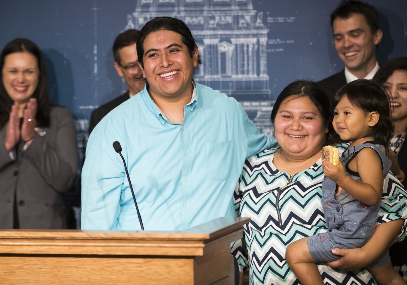 Uriel Rosales Tlatenchi, a DACA recipient, introduced his family including his wife Arianna Lopez and two-year-old son Atzel Rosales Lopez, after he spoke about how DACA has improved his life during a "DACA Five Years Later" press conference by NAVIGATE MN and the Minnesota-Dakotas Chapter of the American Immigration Lawyers Association on Tuesday, August 15, 2017 at the Minnesota State Capitol in St. Paul, Minn. ] RENEE JONES SCHNEIDER &#x2022; renee.jones@startribune.com