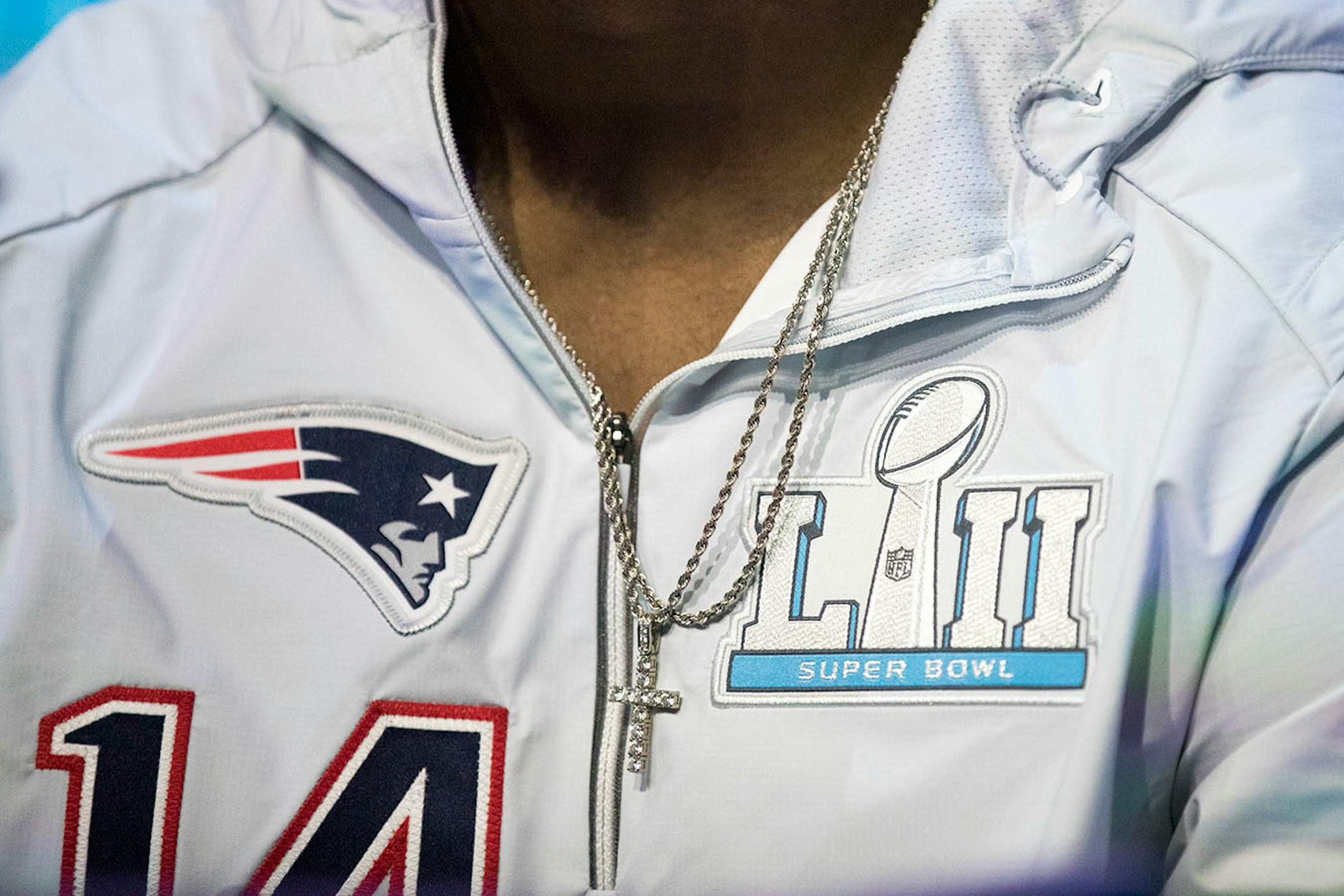 Brandin Cooks of the New England Patriots talks to the media.