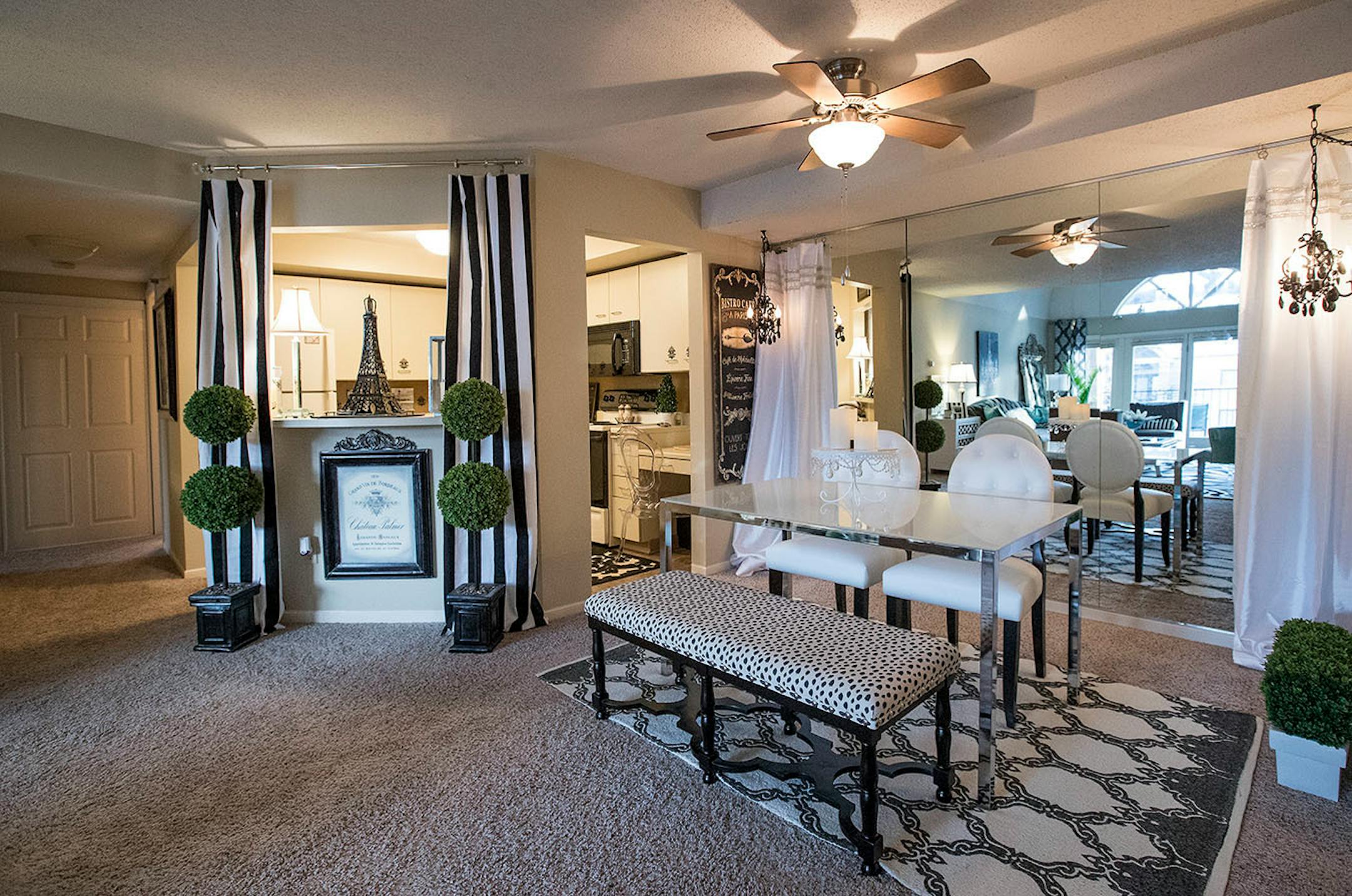 Hunter also added striped draperies to create a French bistro effect for her kitchen.