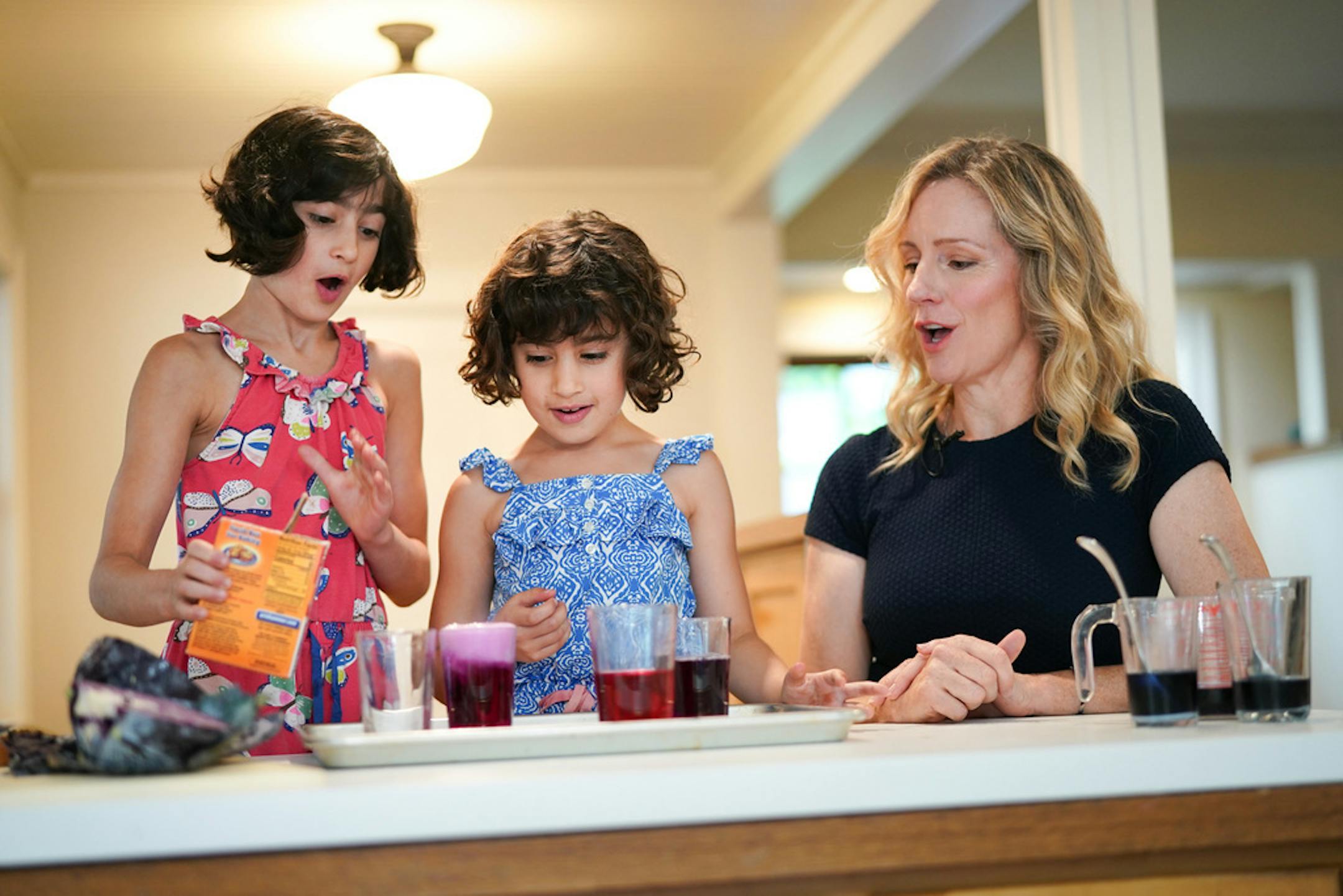 Liz Heinecke showed Divya Thammon, 9, and Kiran Thammon, 7 that red cabbage juice turns pink when acid is added, blue when a base is added, and bubbles over when baking soda is added.