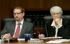 Mike Molzahn, left, and Rep. Jean Wagenius, the Chair of the Environment, Natural Resources, and Agriculture Finance Committee, listened to Jess Richa