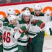 Wild right winger Mikael Granlund (64) celebrated the game's lone goal against the Canadiens, surrounded by teammates Jared Spurgeon (46), Ryan Suter 