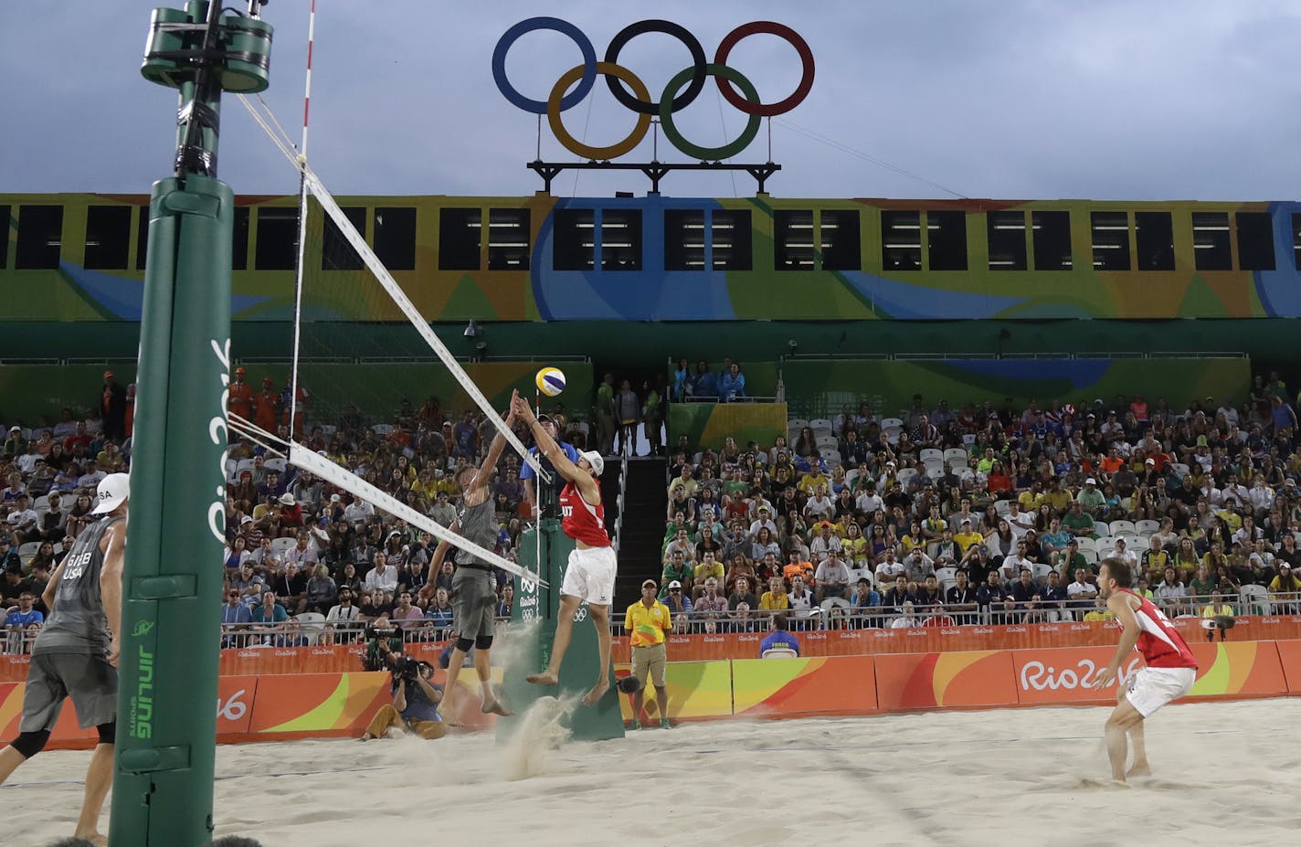 The United States played Austria during a men's beach volleyball match at the 2016 Summer Olympics in Rio on Monday.