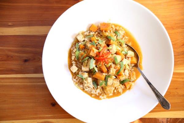 Red Curry Tofu Stew Over Brown Rice
