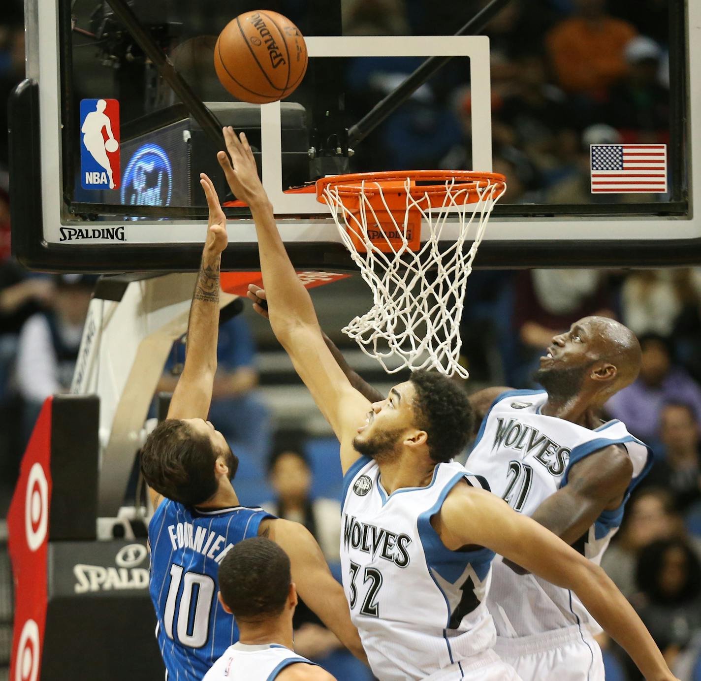 Karl-Anthony Towns blocked a shot attempt of Orlando Evan Fournier at Target Center Monday December 1, 2015 in Minneapolis MN.] The Minnesota Timberwolves hosted the Orlando Magic at Target Center. Jerry Holt /Jerry.Holt@Startribune.com