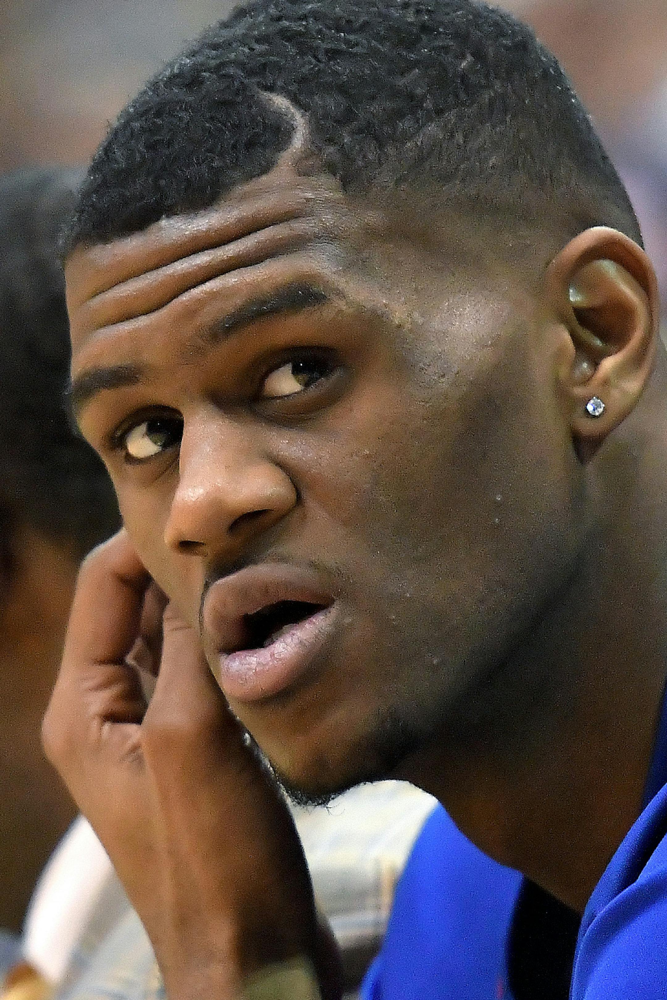Kansas forward Billy Preston watches from the bench during a 114-71 win against Texas Southern on Tuesday, Nov. 21, 2017, at Allen Fieldhouse in Lawrence, Kan. (John Sleezer/Kansas City Star/TNS) ORG XMIT: 1220129