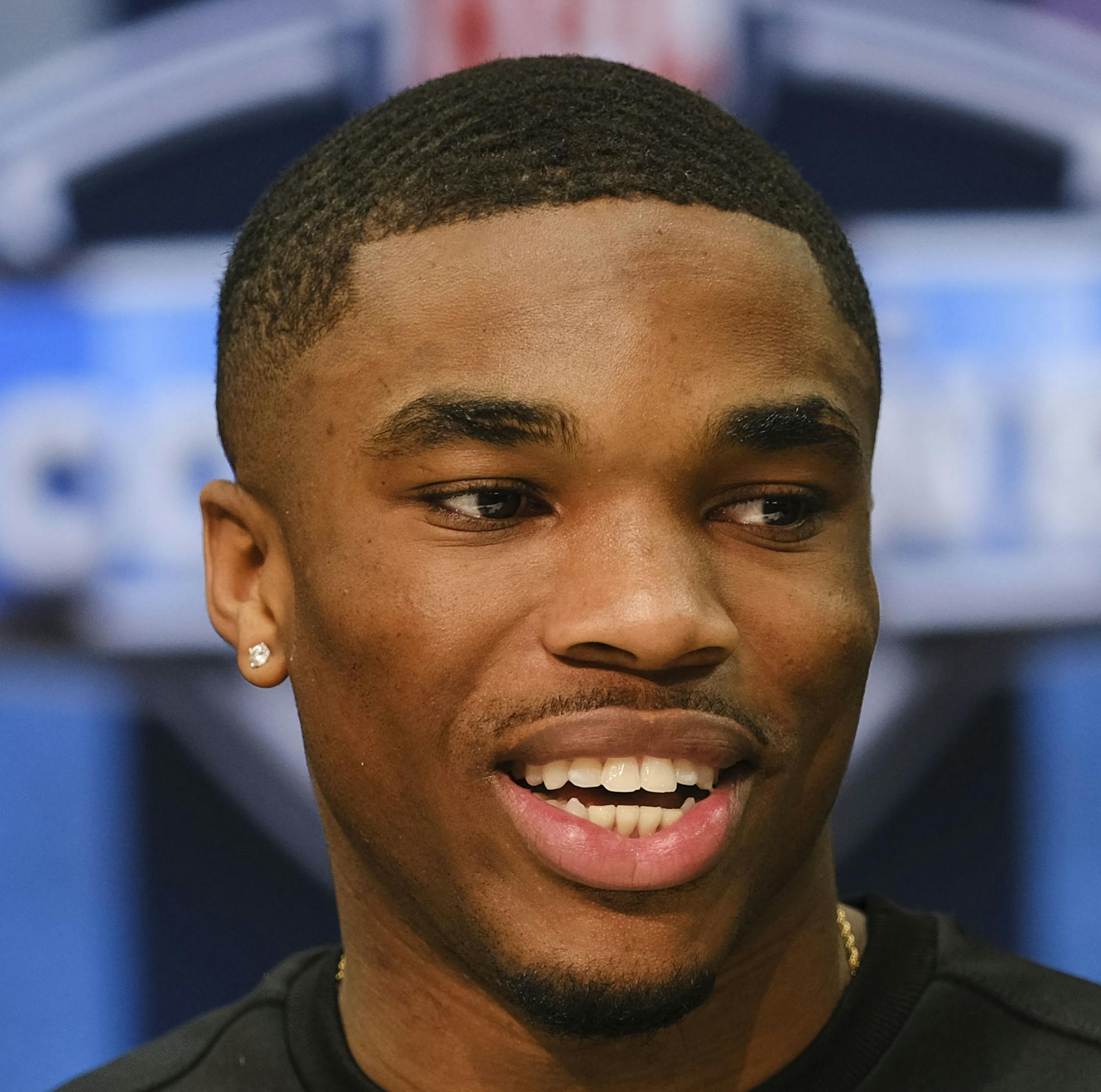 FILE - In this Feb. 28, 2020, file photo, Ohio State defensive back Jeff Okudah speaks during a news conference at the NFL football scouting combine in Indianapolis. Okudah is a possible pick at the NFL Draft which runs Thursday, April 23, 2020, thru Saturday, April 25. (AP Photo/AJ Mast, File) ORG XMIT: NY253