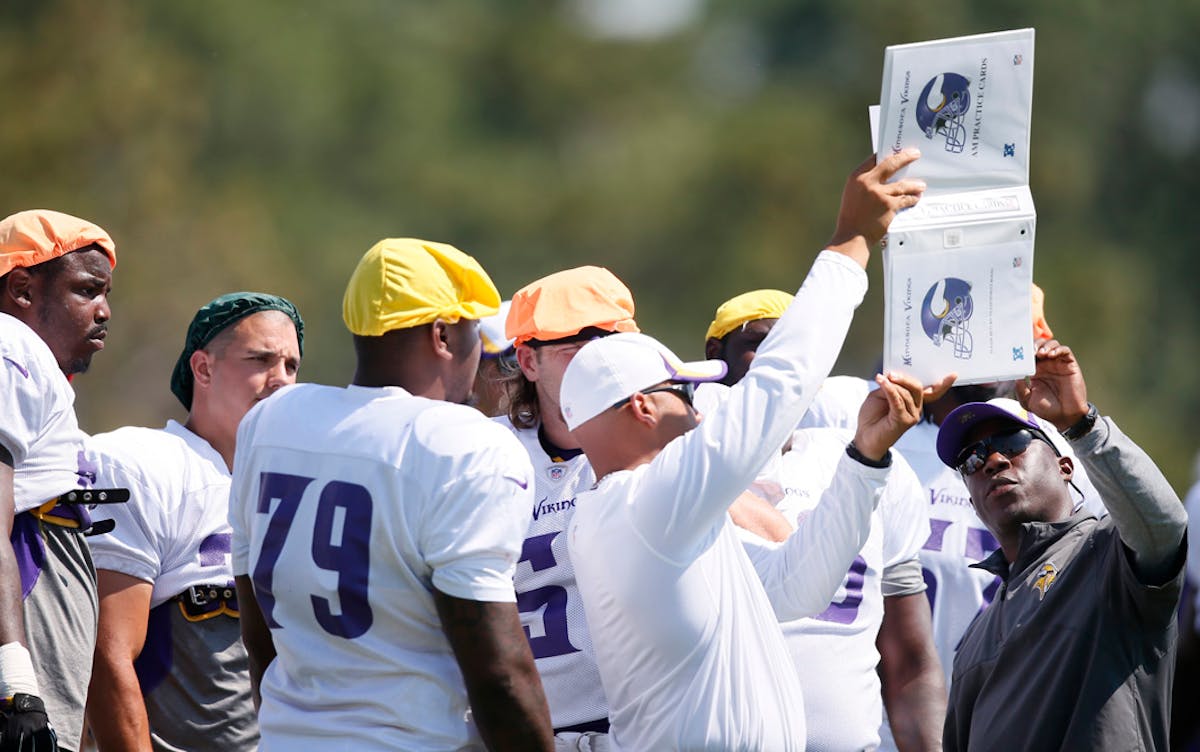 Vikings defensive coordinator Alan Williams gave instruction to his players during training camp.