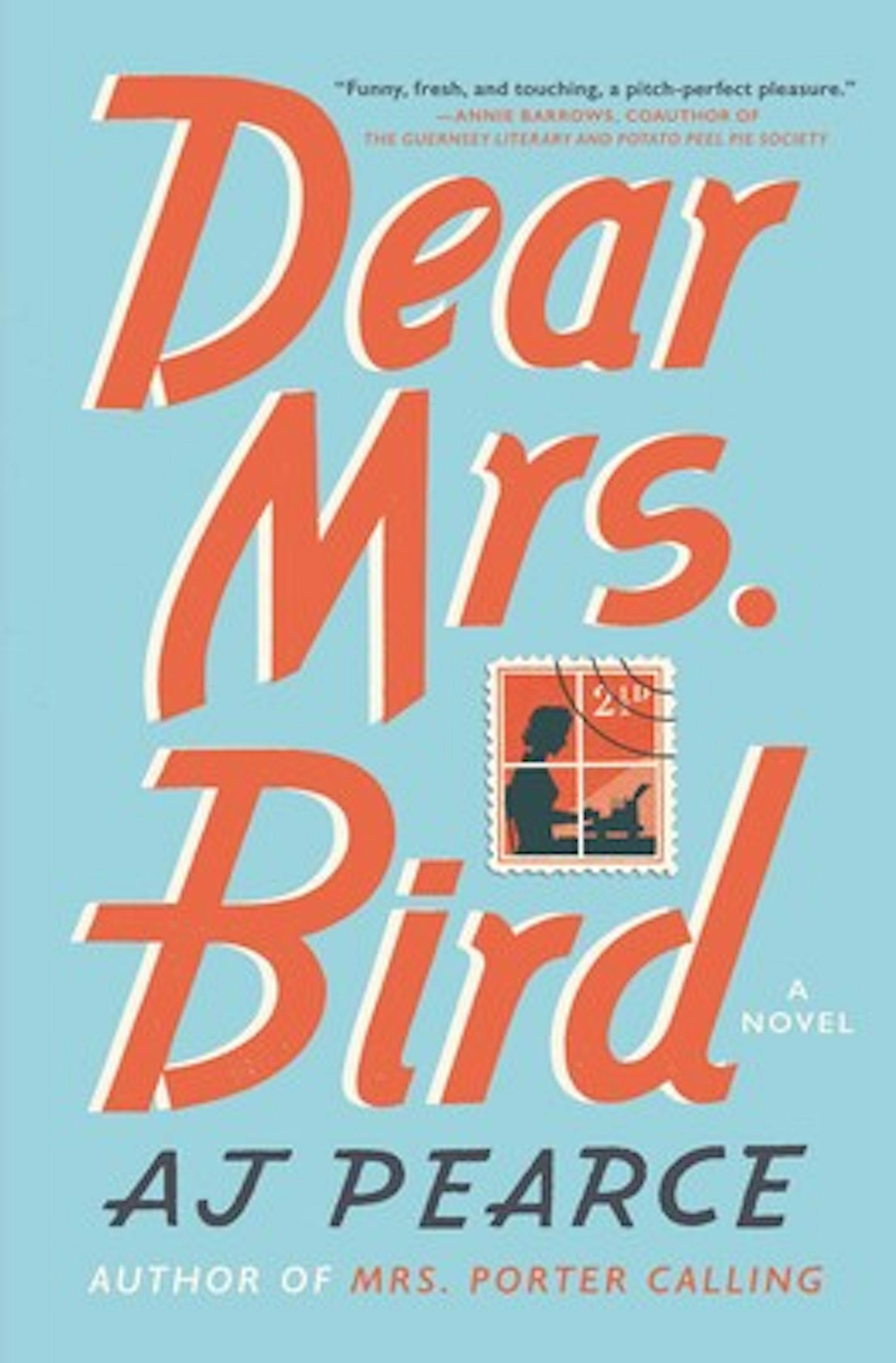 cover of Dear Mrs. Bird features a stamp-like image of a silhouetted woman at a typewriter