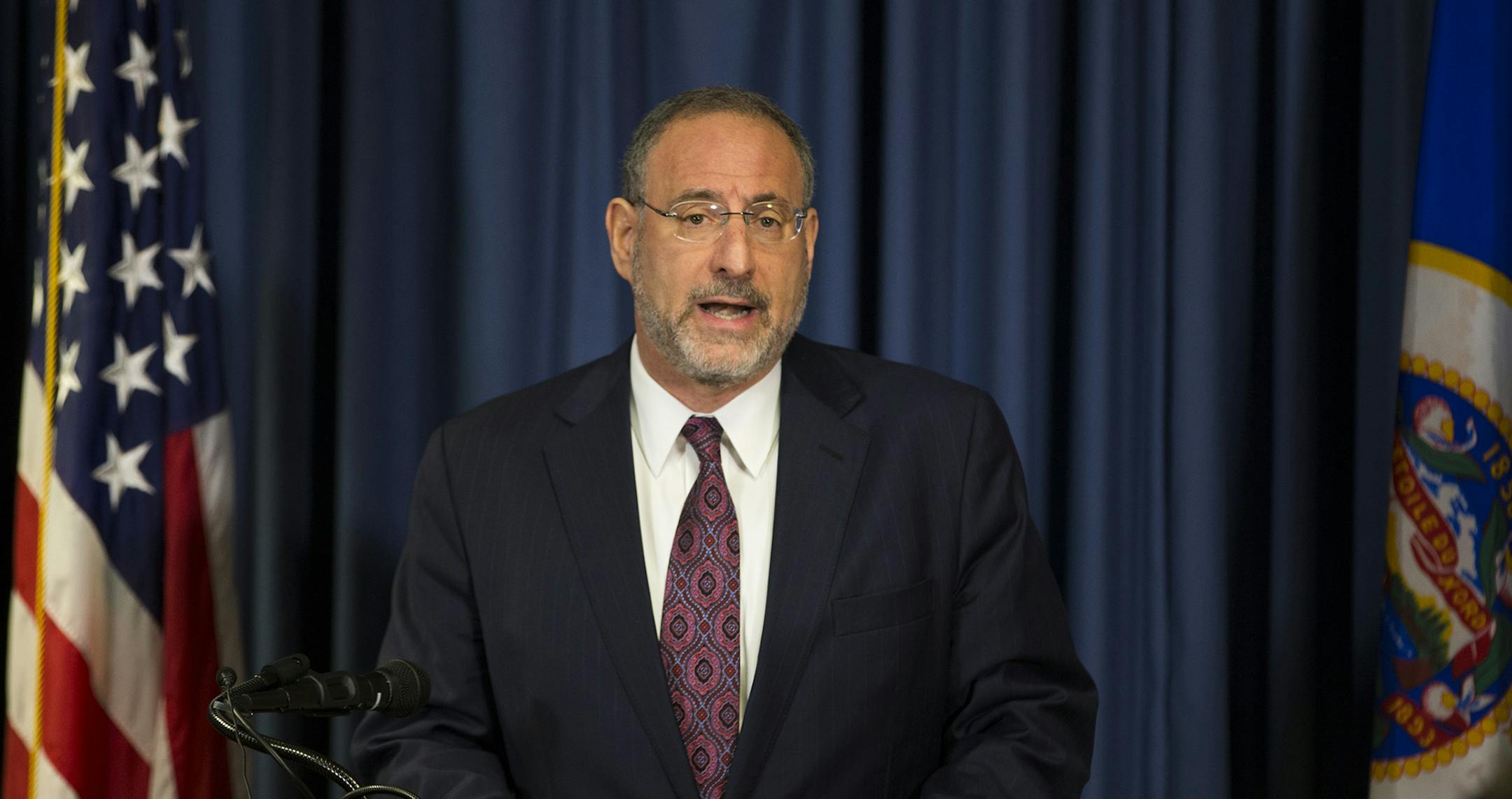 United States Attorney Andrew M. Luger and FBI Special Agent in charge Richard T. Thornton spoke at a press conference about six Minnesotans arrested and charged with planning to join ISIL, at the U.S. Attorney's Office in Minneapolis, Minn., on Monday, April 20, 2015. ] RENEE JONES SCHNEIDER ï reneejones@startribune.com ORG XMIT: MIN1504201051313808