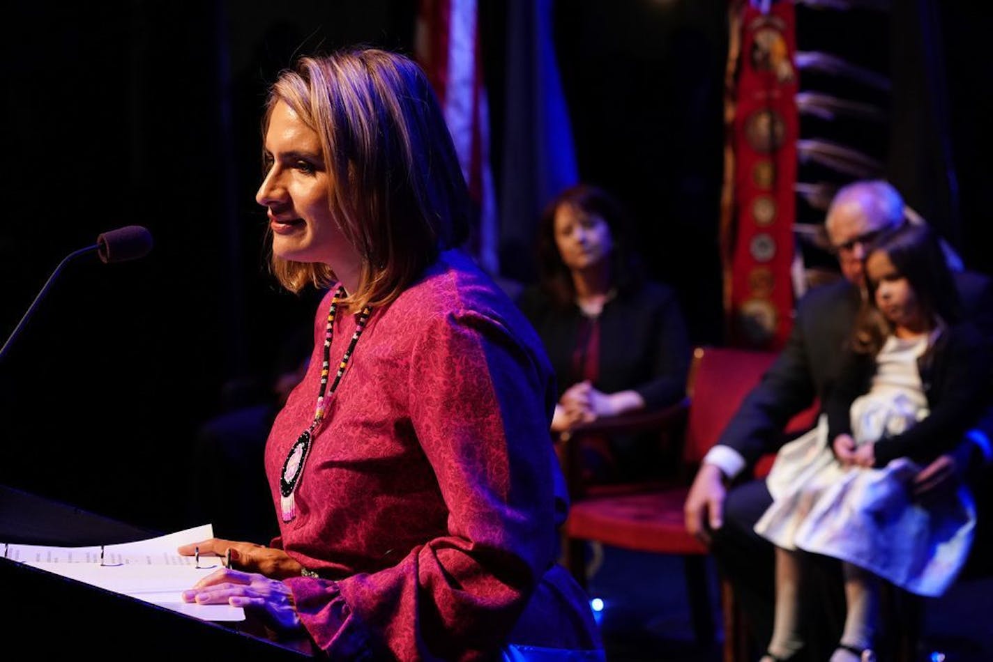 Lt. Gov. Peggy Flanagan spoke after taking the oath of office at the Fitzgerald Theater in St. Paul, Minn.